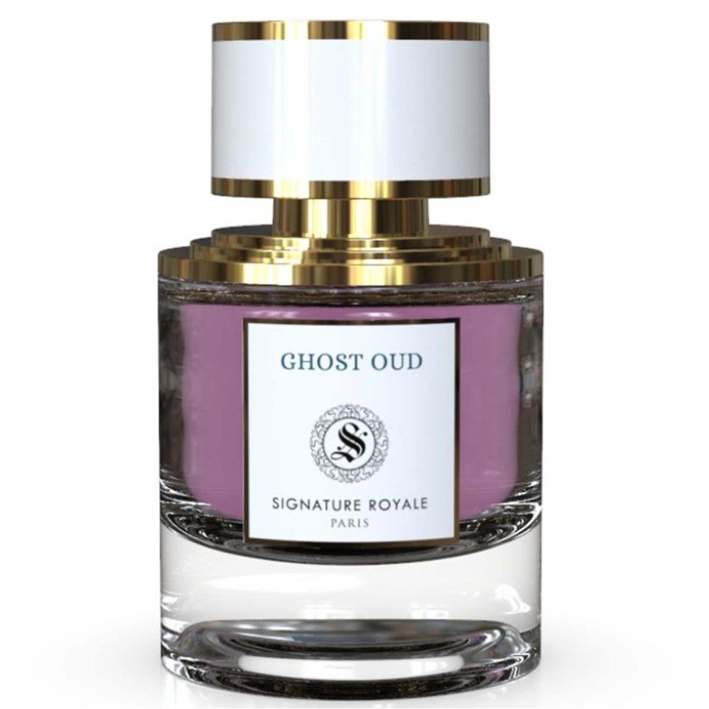 Parfumflakon mit weißem Deckel und goldfarbenen Akzenten. Auf dem Etikett steht "Ghost Oud" und "Signature Royale Paris".
