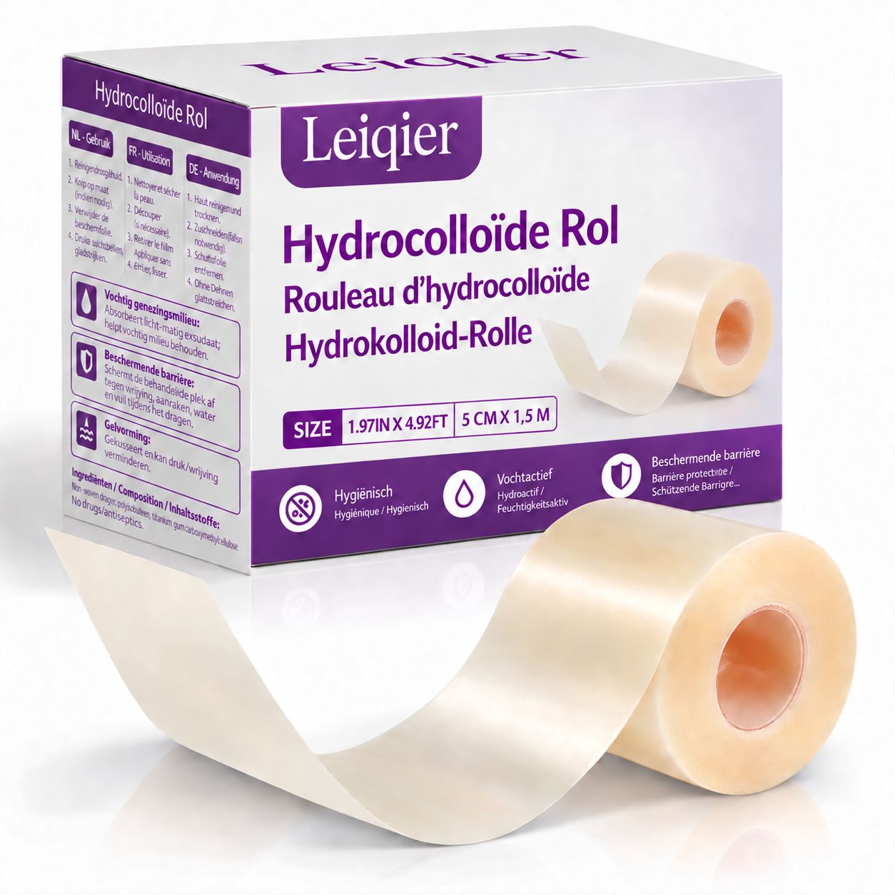 Leiqier Hydrokolloid-Pflasterrolle, 5 cm x 1,5 m, zum Zuschneiden.