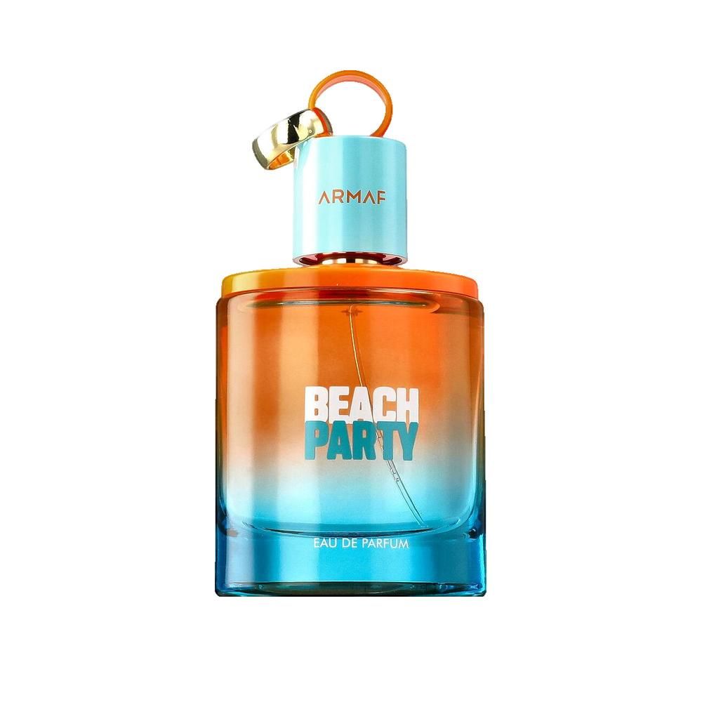 Flasche mit orange-blauem Farbverlauf. Aufschrift "BEACH PARTY" und "EAU DE PARFUM". Hellblauer Deckel mit goldfarbenem Ring.