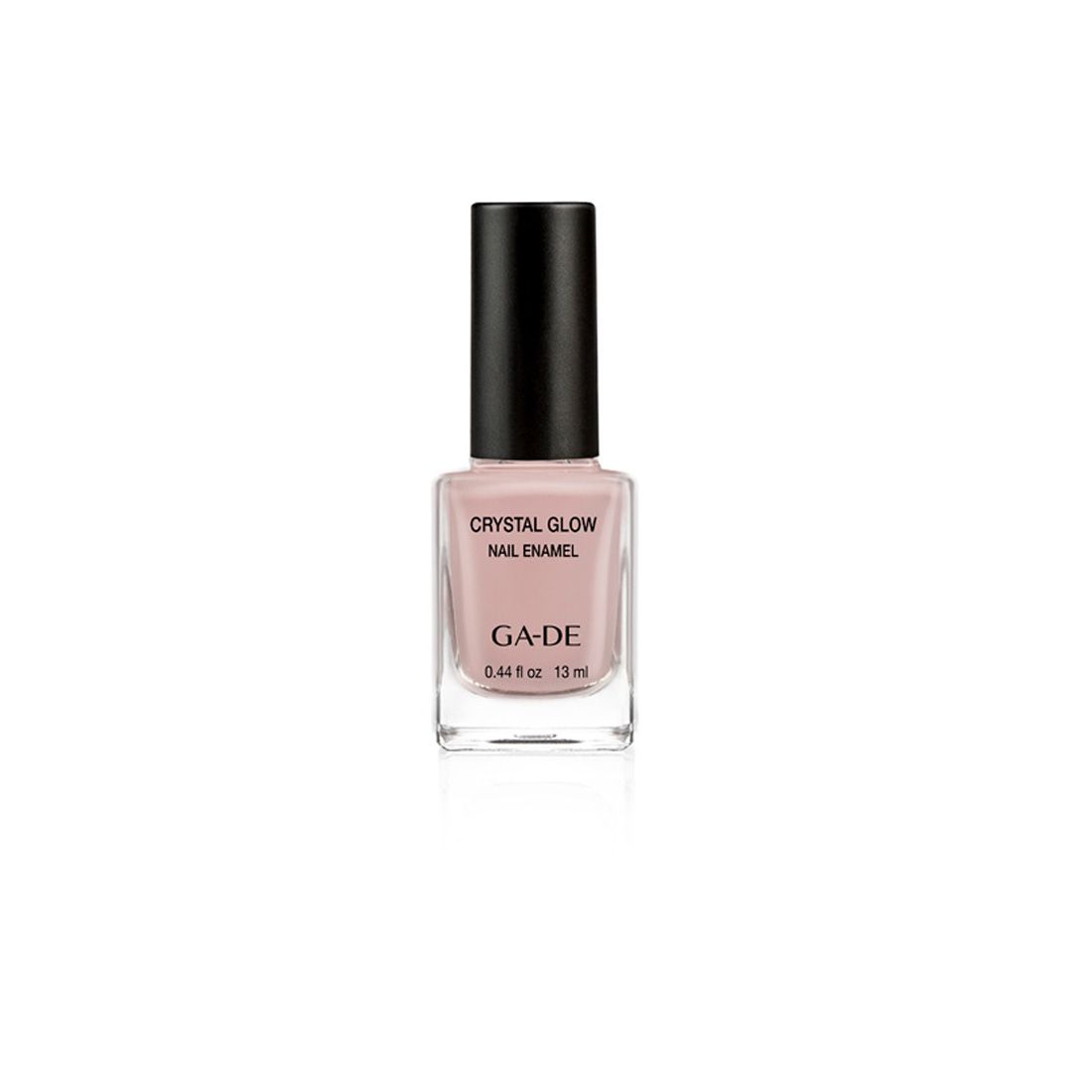 Ga-De Crystal Glow Nagellack. Flasche mit rosa Inhalt und schwarzem Deckel. Aufschrift: Crystal Glow, Nail Enamel, GA-DE.
