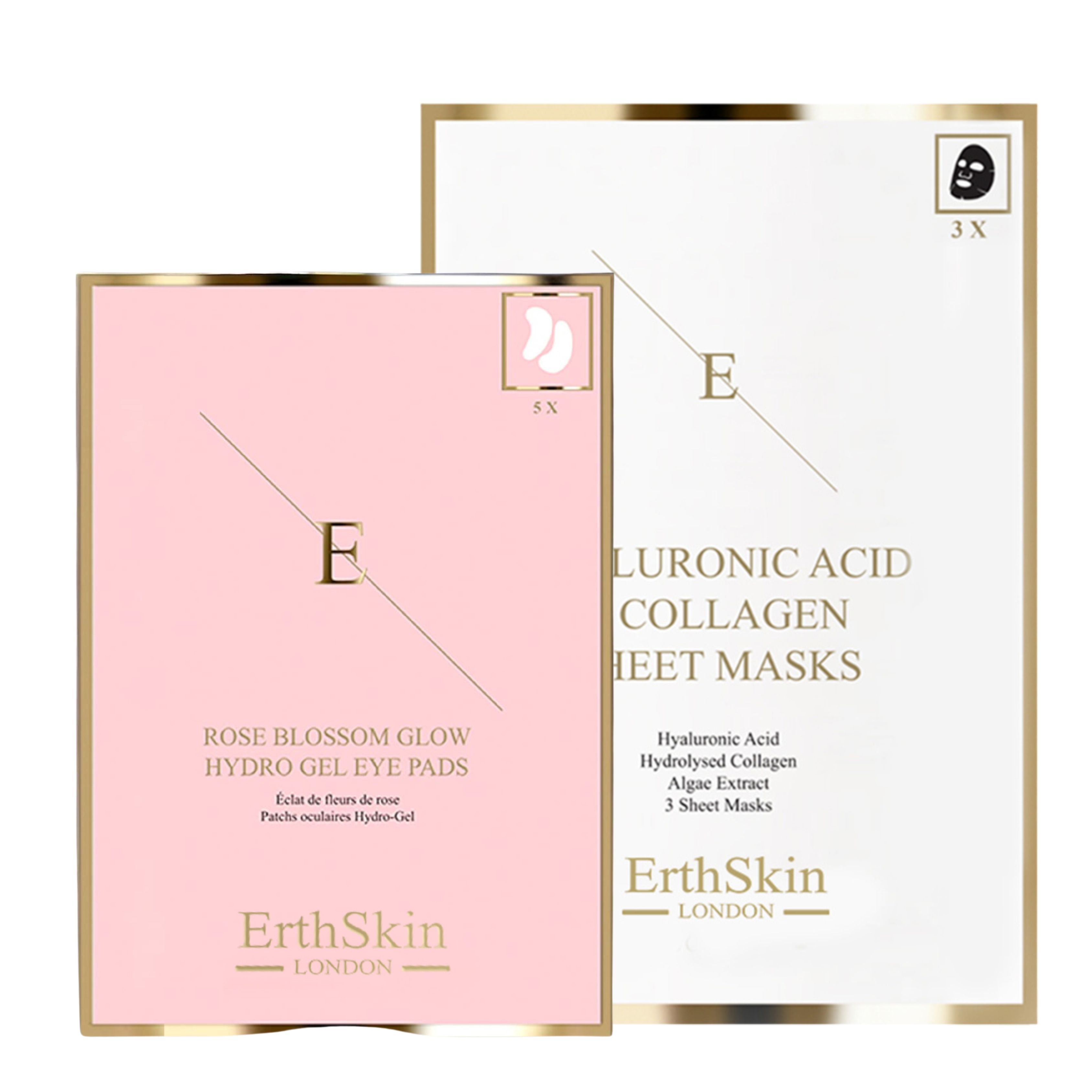 Zwei Produktverpackungen. Eine rosa Packung mit Augenpads, eine weiße Packung mit Gesichtsmasken. Beide mit Goldrahmen und dem Logo 'E' von ErthSkin London.