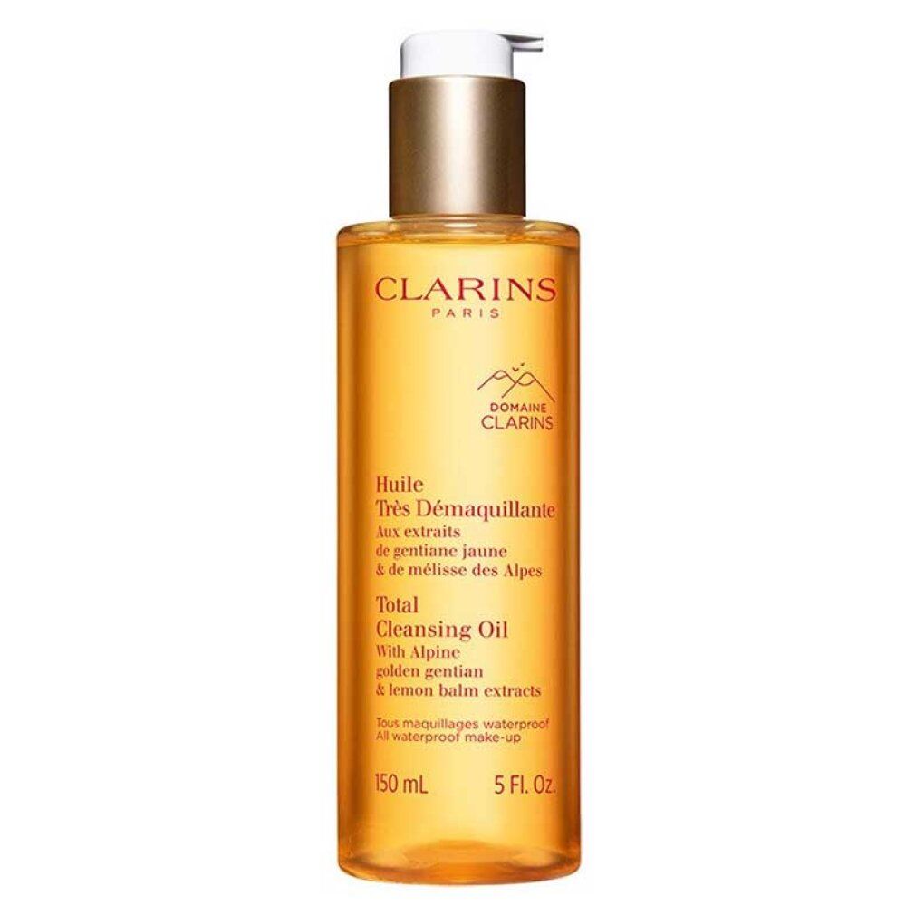 Clarins Total Cleansing Oil Flasche mit Pumpspender, goldfarbener Verschluss.