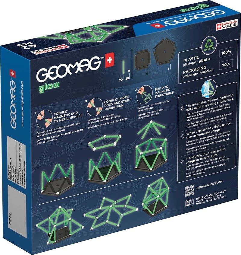Rückseite der GEOMAG GLOW RECYCLED Verpackung. Enthält Produktabbildungen, Text und Informationen zu den Materialien.