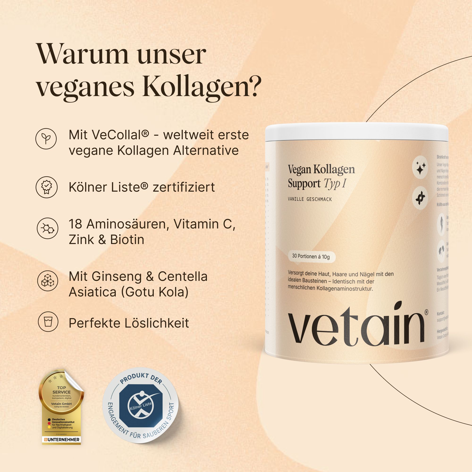 VETAIN Kollagen Pulver Vegan - Mit VeCollal®, Vitamin C, Zink, Biotin & Ginseng - Typ 1