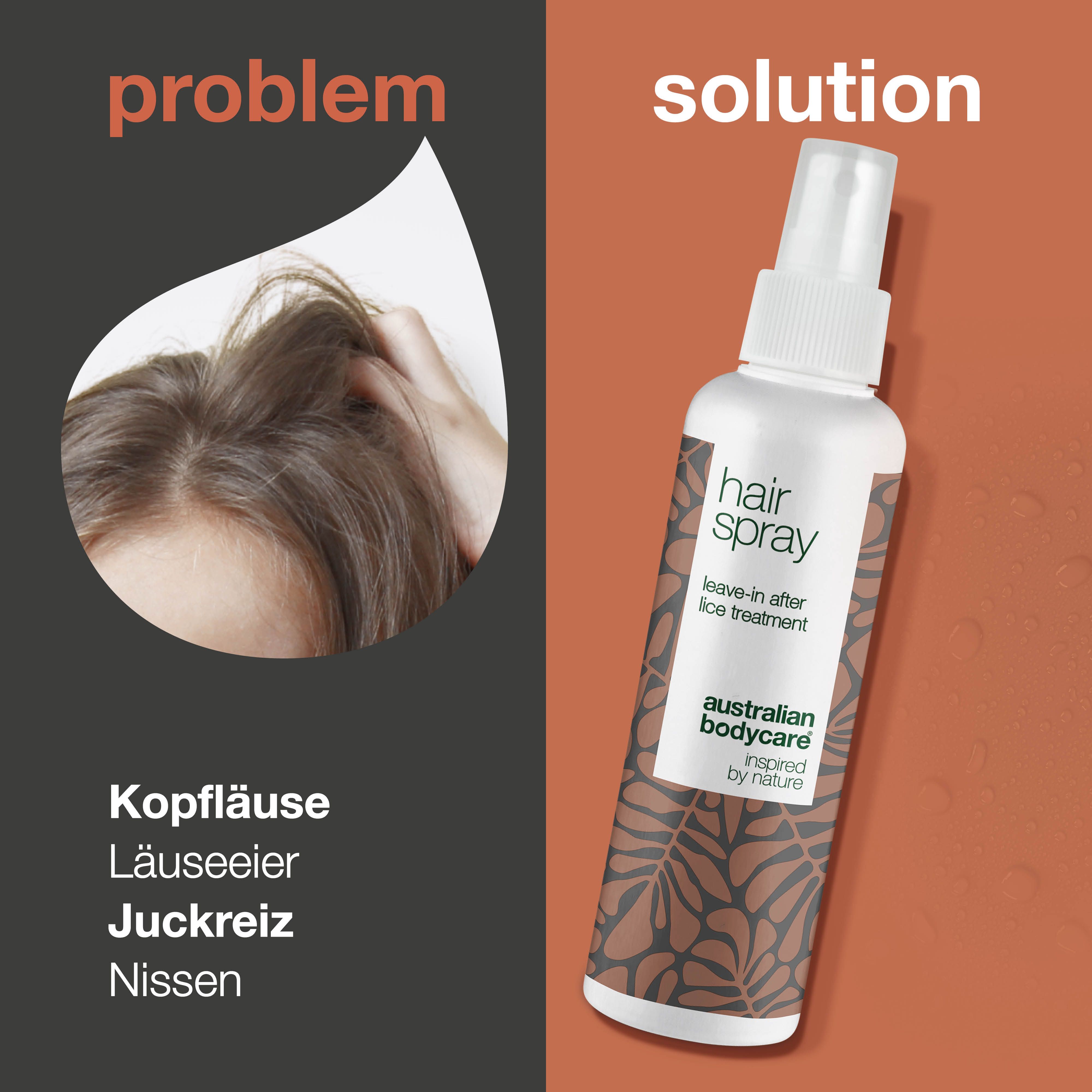 Haarspray-Flasche neben Bild von Kopfhaut mit Läusen. Aufschrift: hair spray, leave-in after lice treatment.
