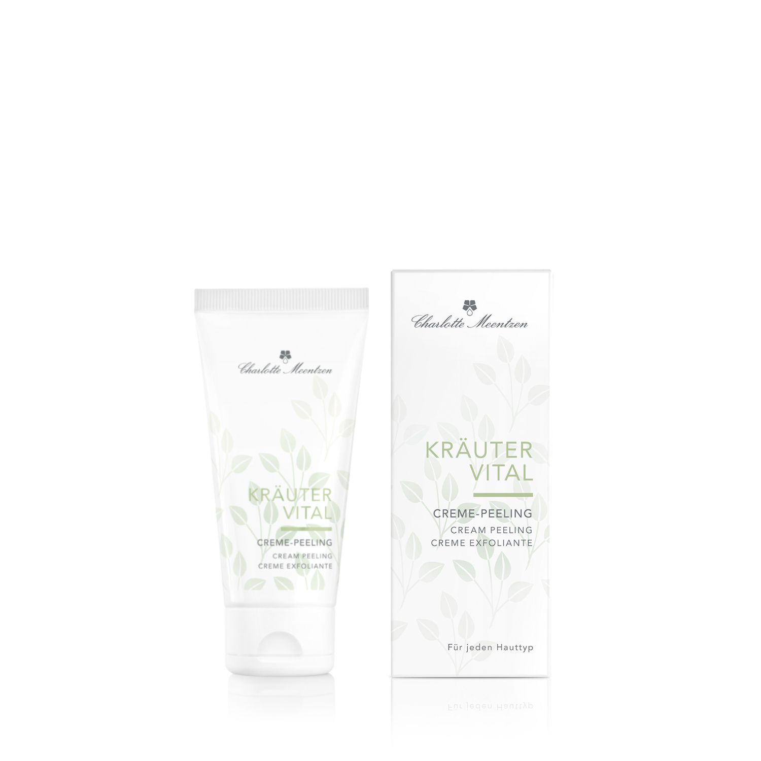 Creme-Peeling-Tube und Schachtel. Aufschrift: Kräuter Vital, Creme-Peeling, Charlotte Meentzen. Weiße Verpackung mit grünen Blättern.