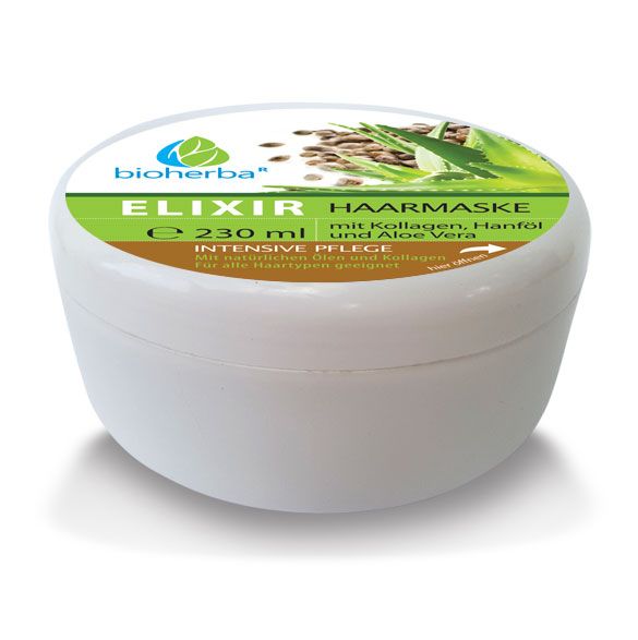 Weißer Tiegel mit Deckel. Auf dem Deckel Etikett mit Produktnamen und Logo. Text: Elixir Haarmaske mit Kollagen, Hanföl und Aloe Vera.