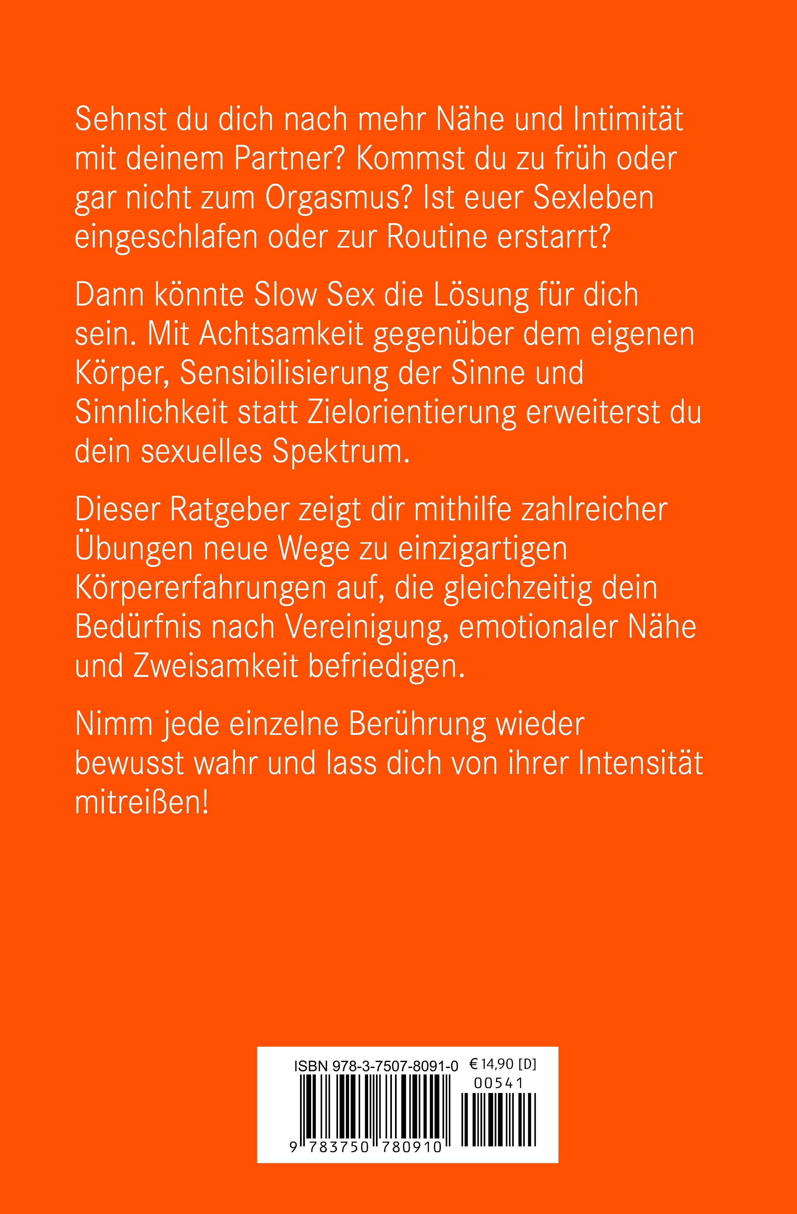 Rückseite des Buches "SlowSex". Text auf orangefarbenem Hintergrund. ISBN-Code und Preisangabe unten.