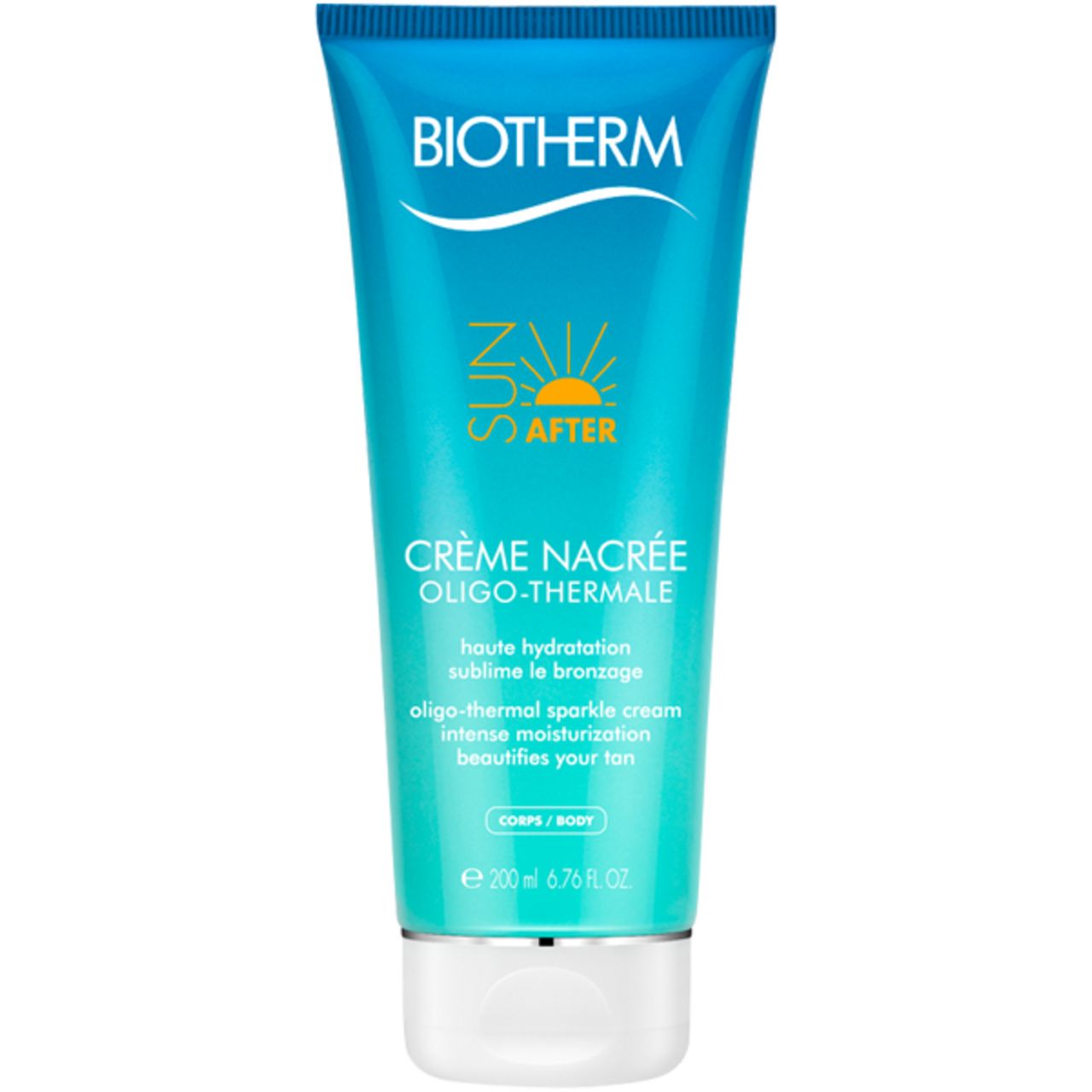 Blau-weiße Tube. Aufschrift BIOTHERM, Crème Nacrée, After Sun. Text: haute hydratation, sublime le bronzage. 200 ml.