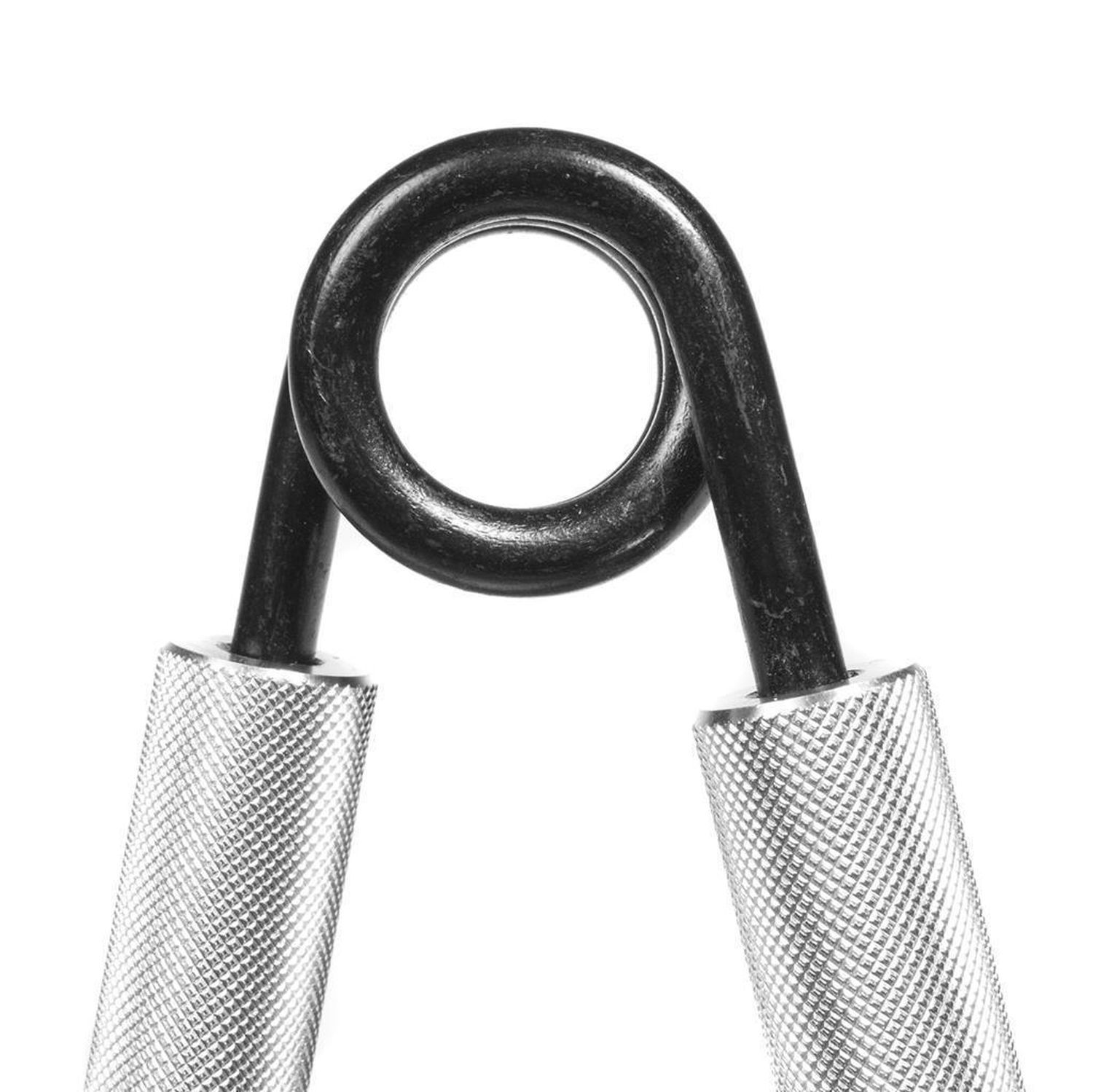 Fingerhantel mit silbernen Griffen und schwarzer Feder. Griffe und Feder sind sichtbar.