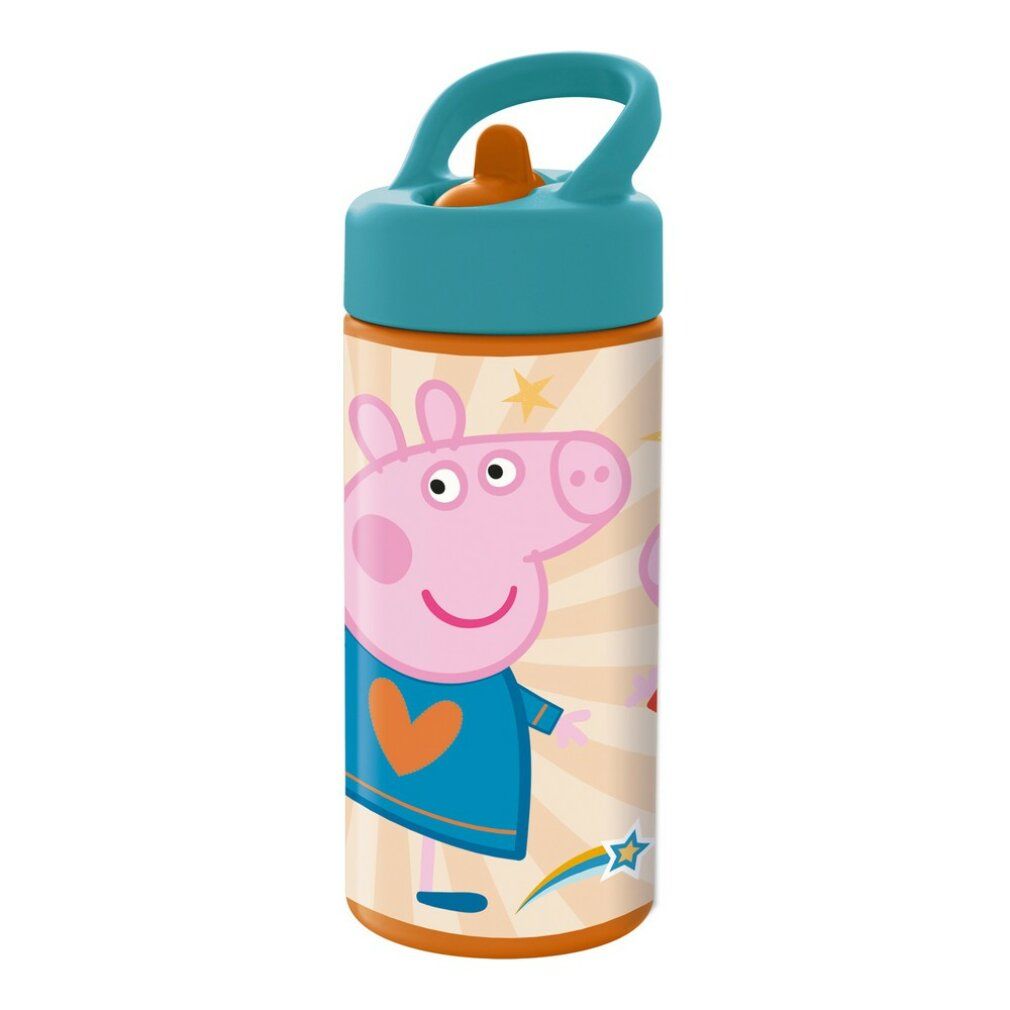 Rosa Trinkflasche mit Peppa Pig-Motiv. Türkis Deckel mit Griff. Orangefarbener Boden und Akzente. Beige Hintergrund mit Sternen.