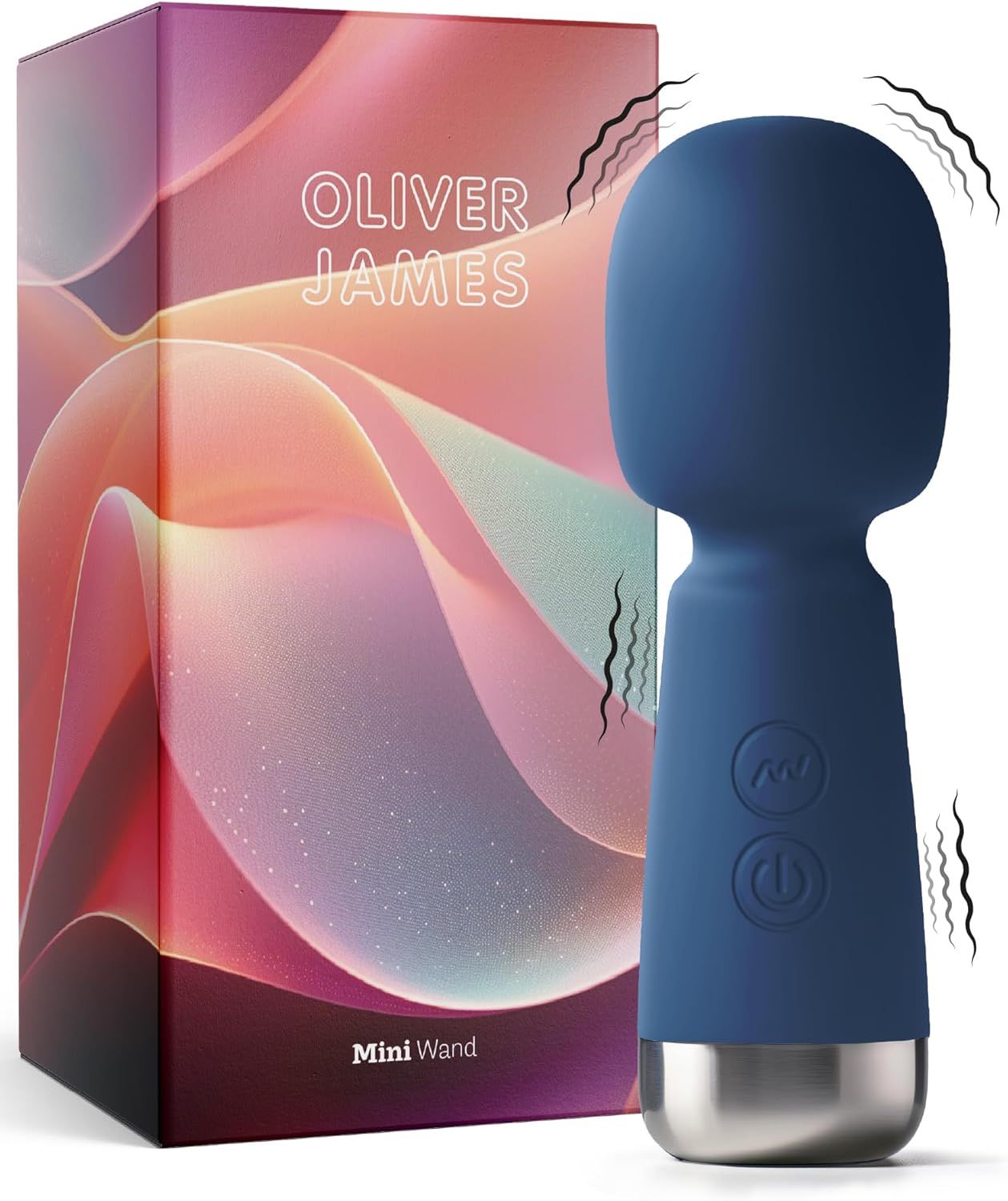 Oliver James Bullet Mini Vibrator in Blau mit silbernem Akzent. Zwei Knöpfe am Griff. Verpackung im Hintergrund.