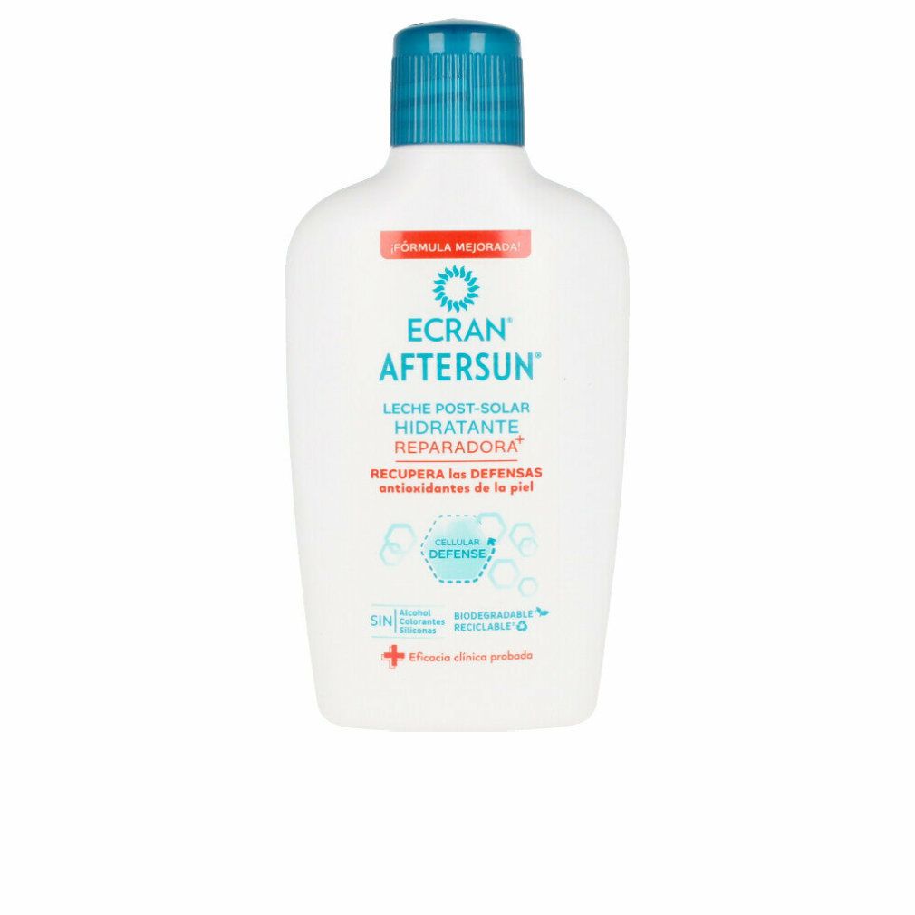 Weiße Flasche mit blauem Deckel. Aufschrift: ECRAN AFTERSUN, Feuchtigkeitsspendende After Sun Milch. 'Cellular Defense' und 'Recupera las defensas antioxidantes'.