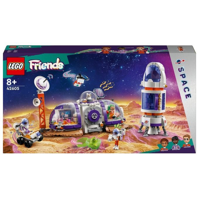 LEGO Friends 42605 Base spaziale su Marte e razzo. La confezione mostra una stazione spaziale, un razzo e delle figure. Il set è per bambini dagli 8 anni in su. Include 4 mini bambole.