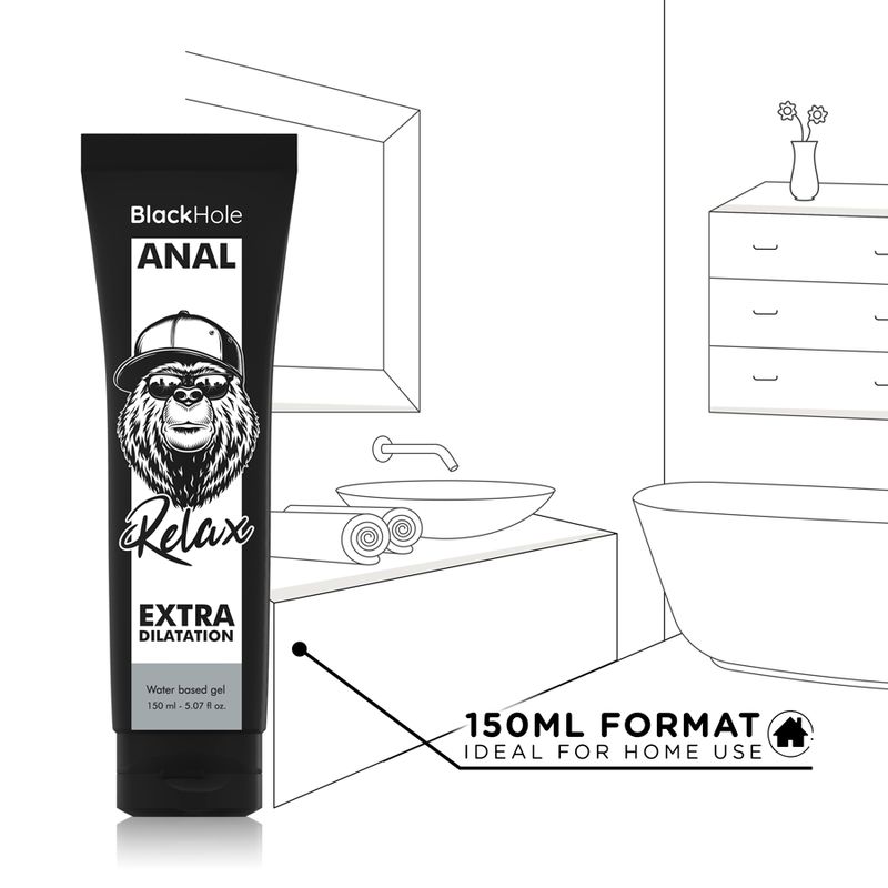 Tube mit Gel in Badezimmerumgebung. Aufschrift: Black Hole ANAL, Relax, Extra Dilatation. 150ml Format. Ideal für den Hausgebrauch.
