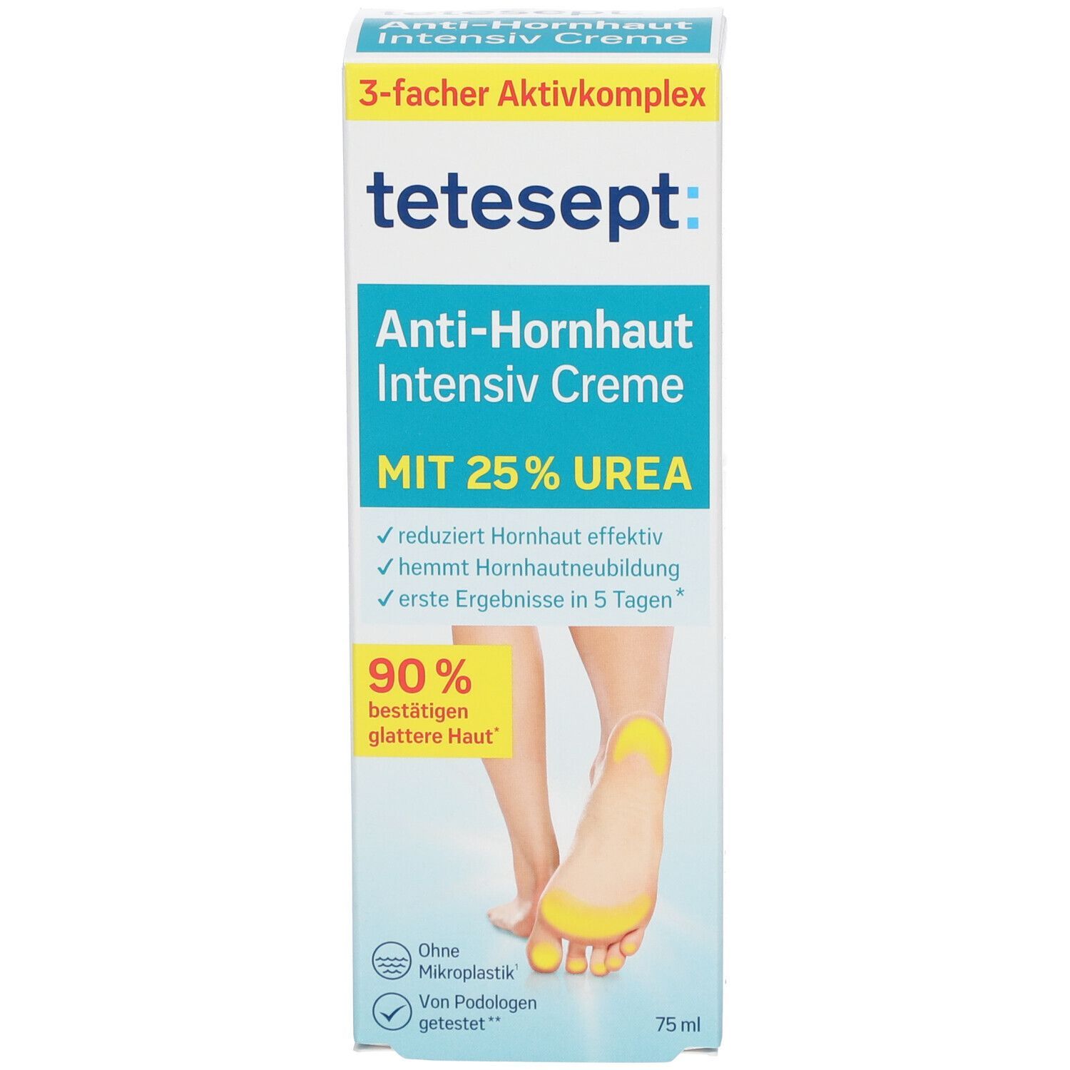 Verpackung von tetesept® Anti-Hornhaut Intensiv Creme. Enthält 25% Urea. Zeigt Füße mit glatter Haut.