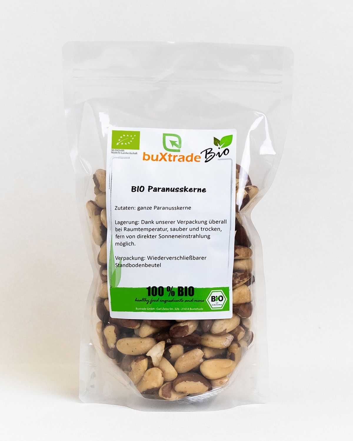 BIO Paranusskerne in transparenter, wiederverschließbarer Verpackung. Enthält 100% BIO Paranusskerne.