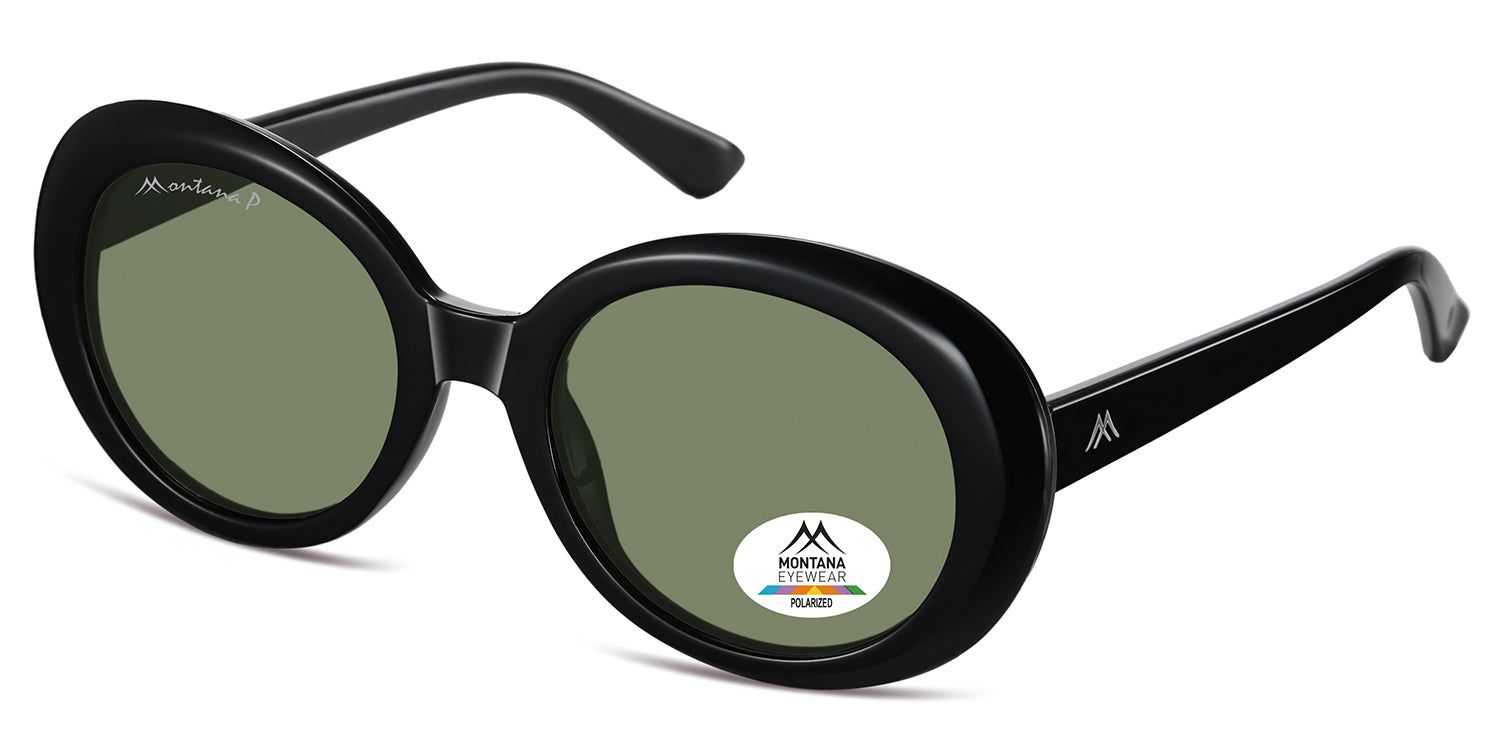 Schwarze Sonnenbrille mit runden Gläsern. Montana Eyewear Logo und Polarized-Aufkleber. Schwarzer Rahmen und Bügel.