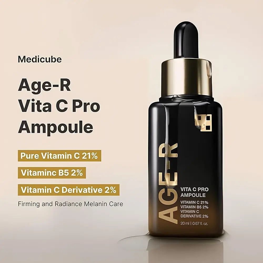 Age-R Vita C Pro Ampulle. Schwarze Flasche mit goldenem Deckel. Text: Age-R, Vita C Pro, Pure Vitamin C 21%, Vitamin B5 2%, Vitamin C Derivative 2%.