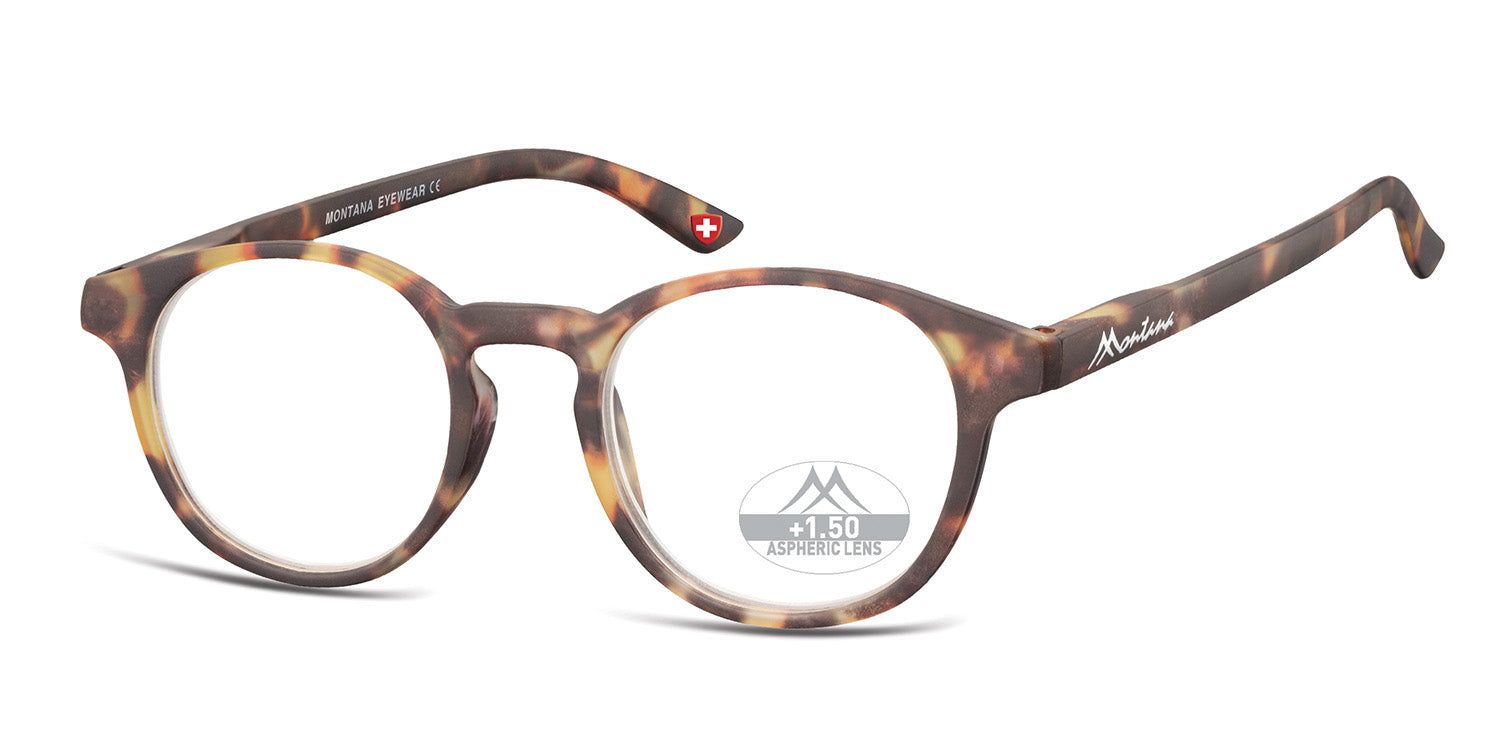 Brille mit braunem Gestell, runden Gläsern und Aufdruck +1.50. Montana Eyewear Logo am Bügel. Schweizer Kreuz.