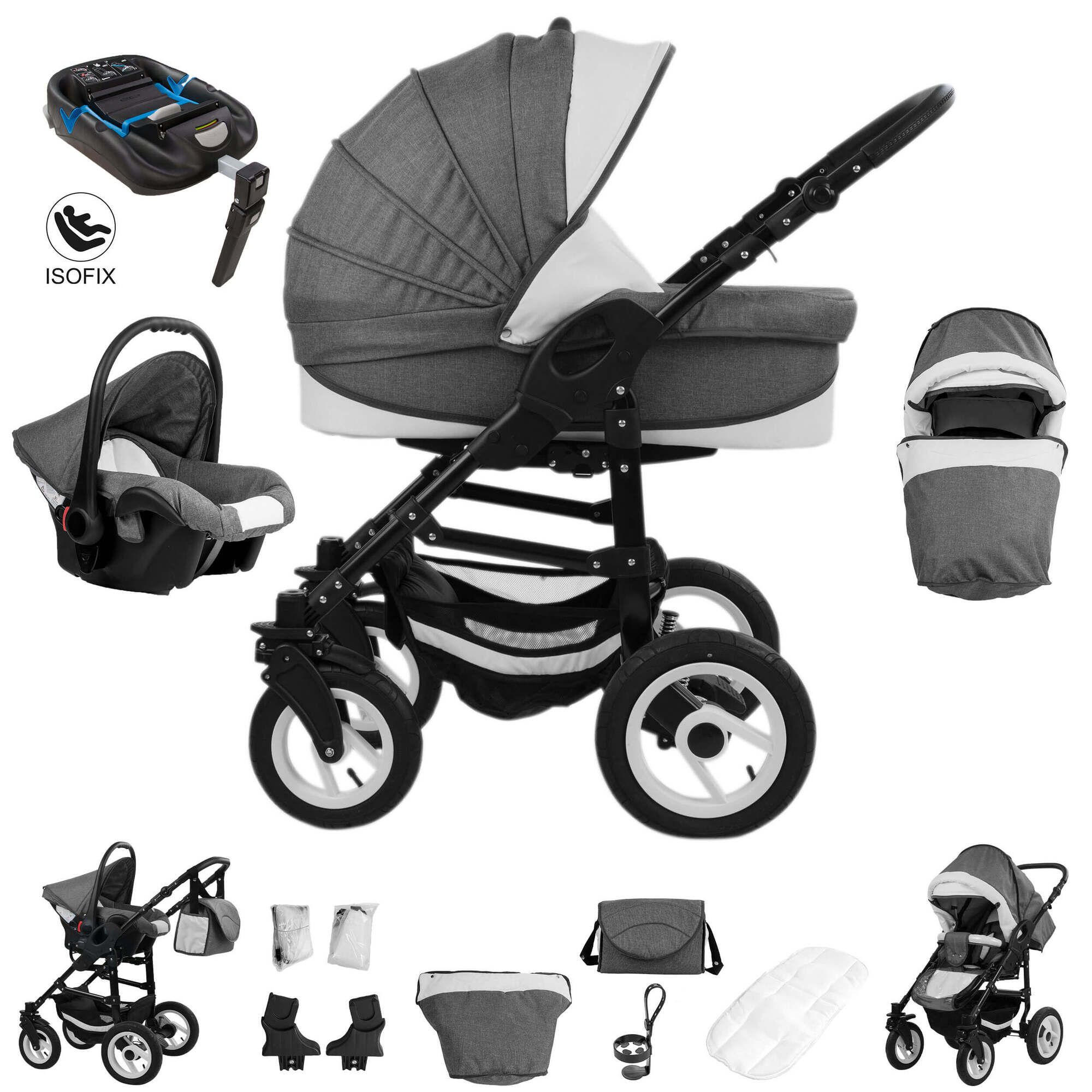 Kinderwagen-Komplettset in Grau und Schwarz. Enthält Babywanne, Sportsitz, Babyschale und Zubehör. ISOFIX-Basis sichtbar.