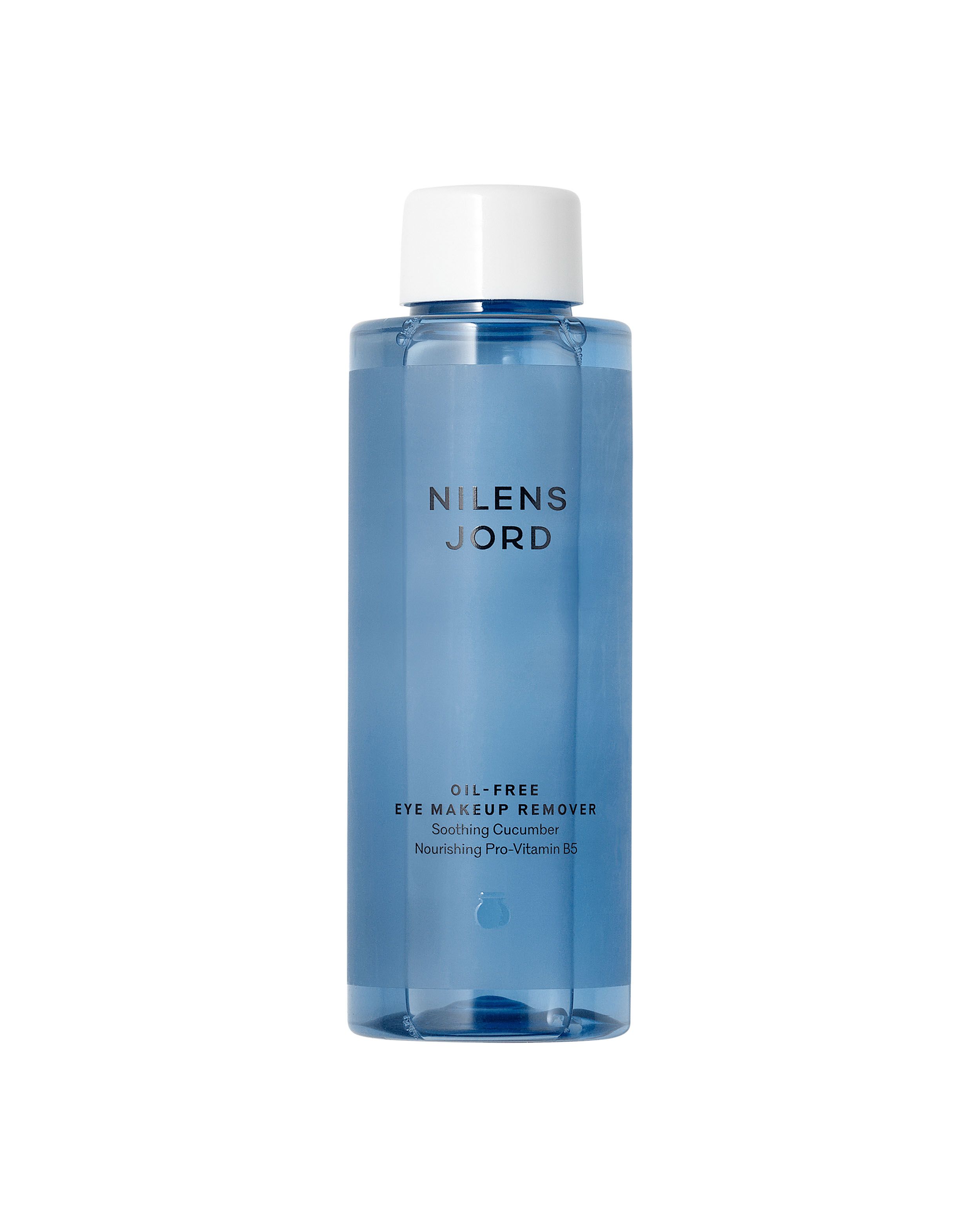 Nilens Jord Ölfreier Augen Make-up Entferner in blauer Flasche mit weißem Deckel.