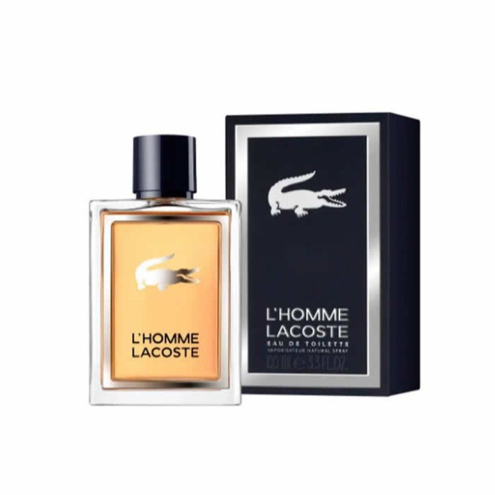 Flakon und Verpackung von L'Homme Lacoste. Rechteckiger Flakon mit goldenem Inhalt und Krokodil-Logo. Schwarze Verpackung.