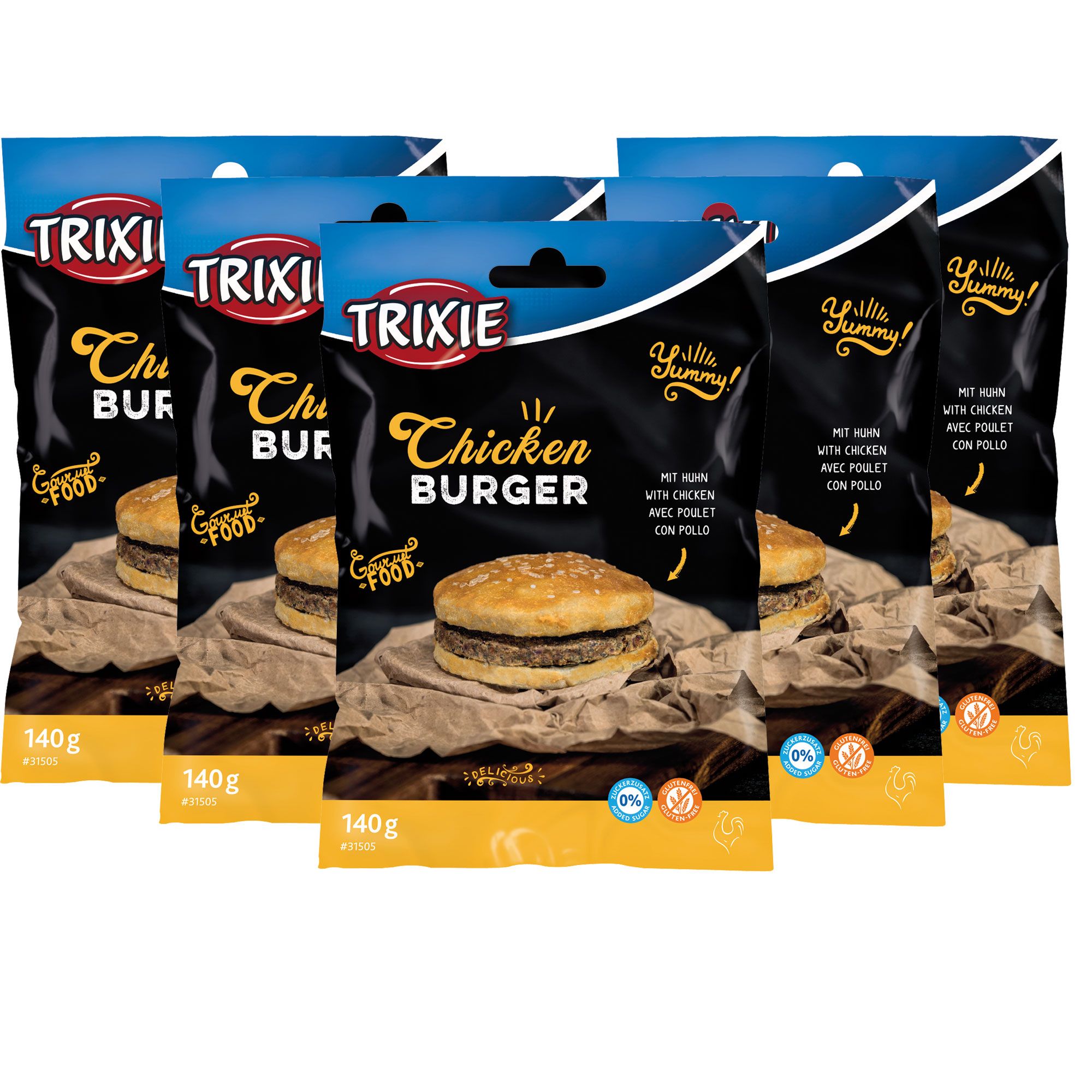 Mehrere Beutel mit Chicken Burger. Schwarze Verpackung mit Logo und Produktbezeichnung. 140g pro Beutel.