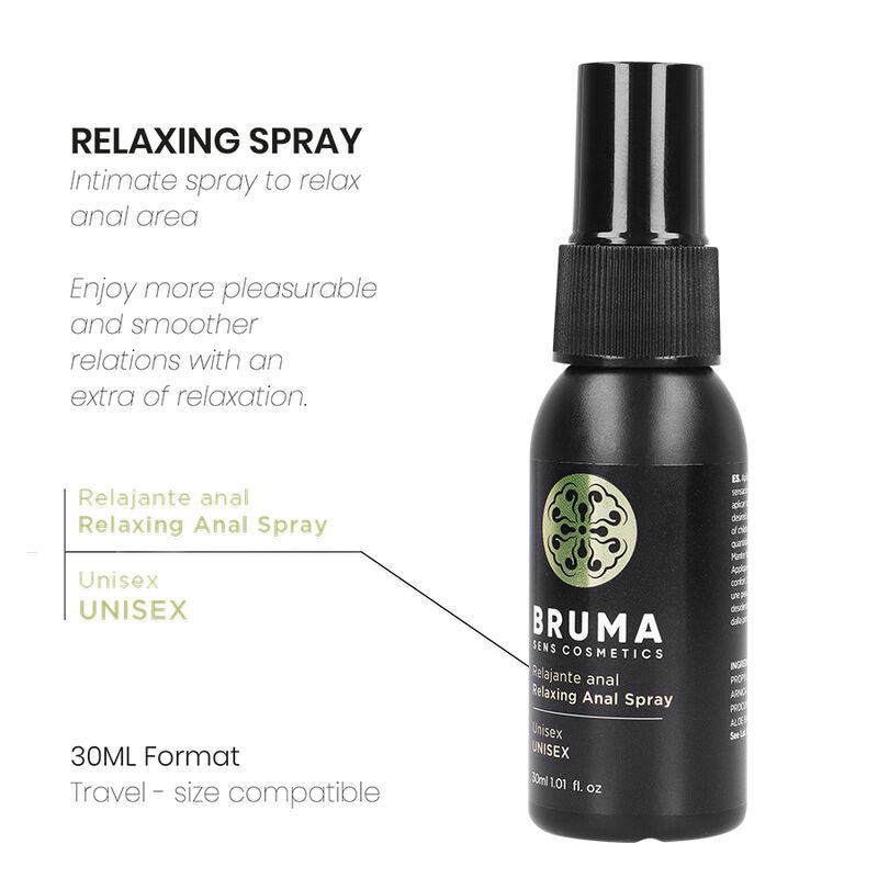 Schwarze Sprühflasche mit Etikett, das 'BRUMA Relaxing Anal Spray' und 'Unisex' angibt. 30ml Format.