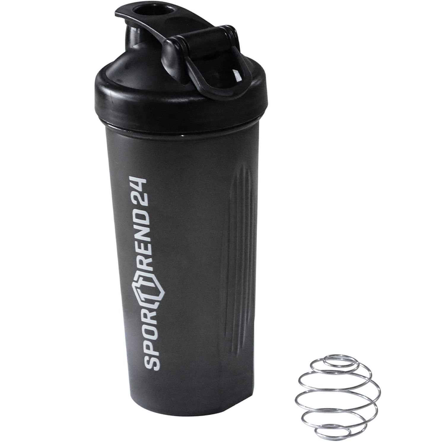 Schwarzer Shaker mit Klappdeckel und Metallkugel. Aufschrift 'SPORTTREND 24'.