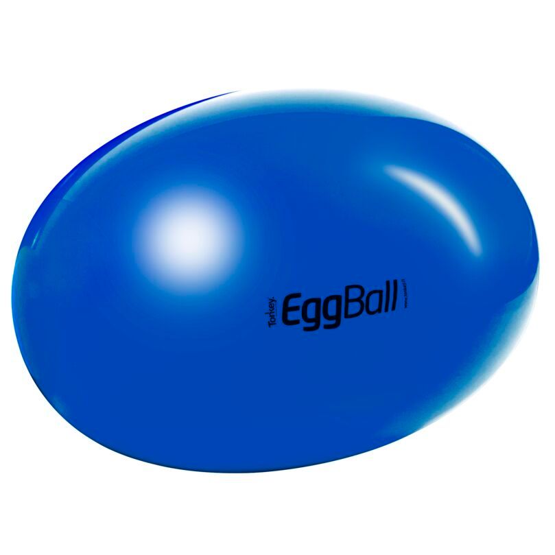 Blauer, ovaler Gymnastikball. Aufschrift: EggBall.