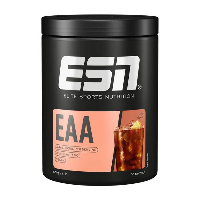 ESN EAA-Behälter, schwarzer Deckel, rosa Etikett. EAA-Schriftzug, 3:1:1 BCAA-Verhältnis, vegan. Cola-Geschmack-Illustration.