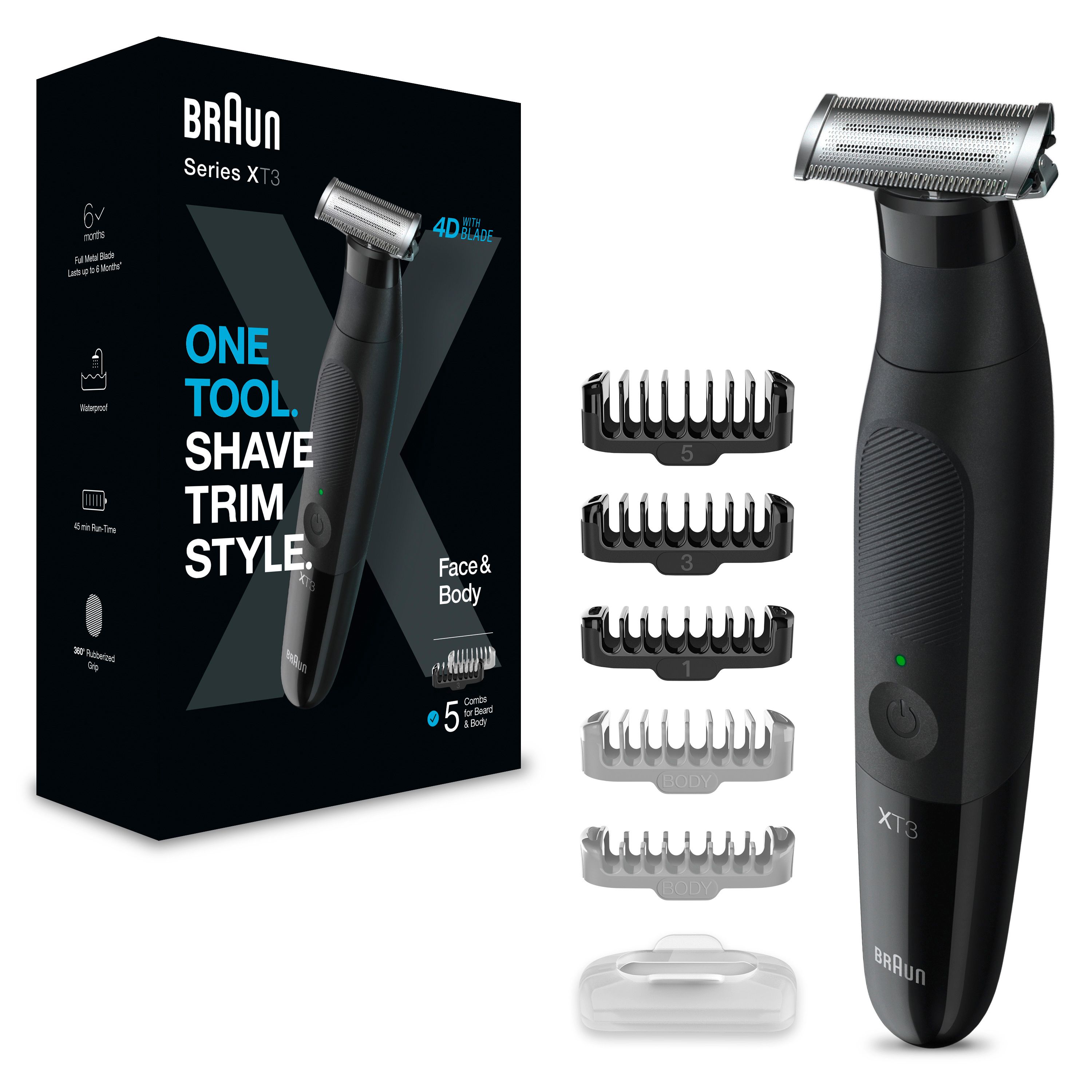 Schwarzer Braun Series X XT3200 Trimmer mit Zubehör und Verpackung. Enthält Aufsätze und eine Schutzhülle.
