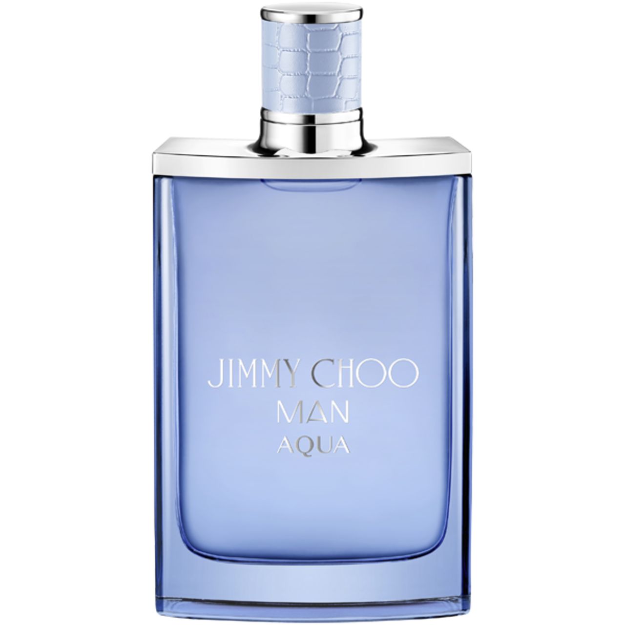 Hellblaues Parfümflakon mit silbernem Deckel. Aufschrift: JIMMY CHOO MAN AQUA. Eckige Form.