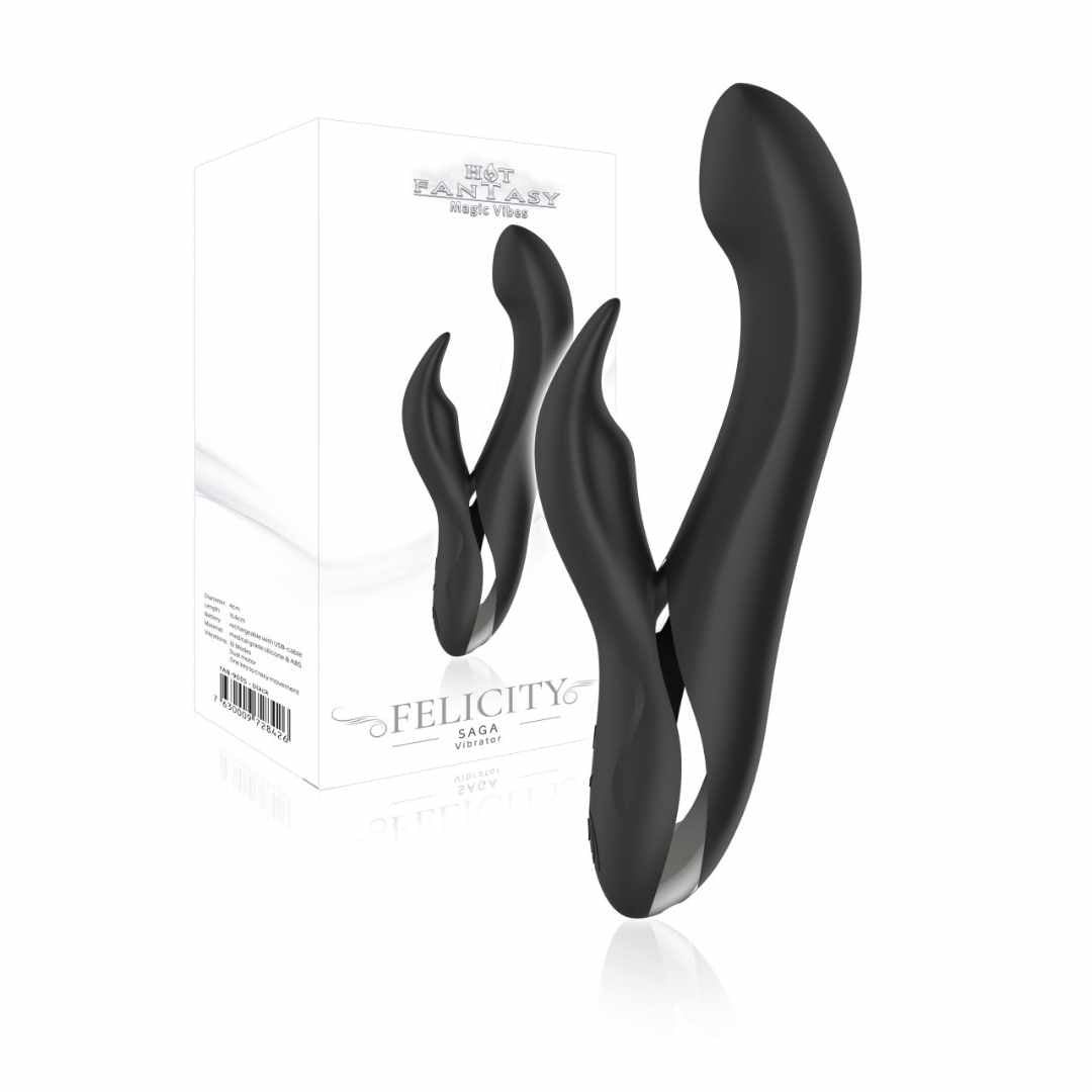 Schwarzer Vibrator mit zwei Ausläufern. Verpackung mit Logo und Produktnamen.