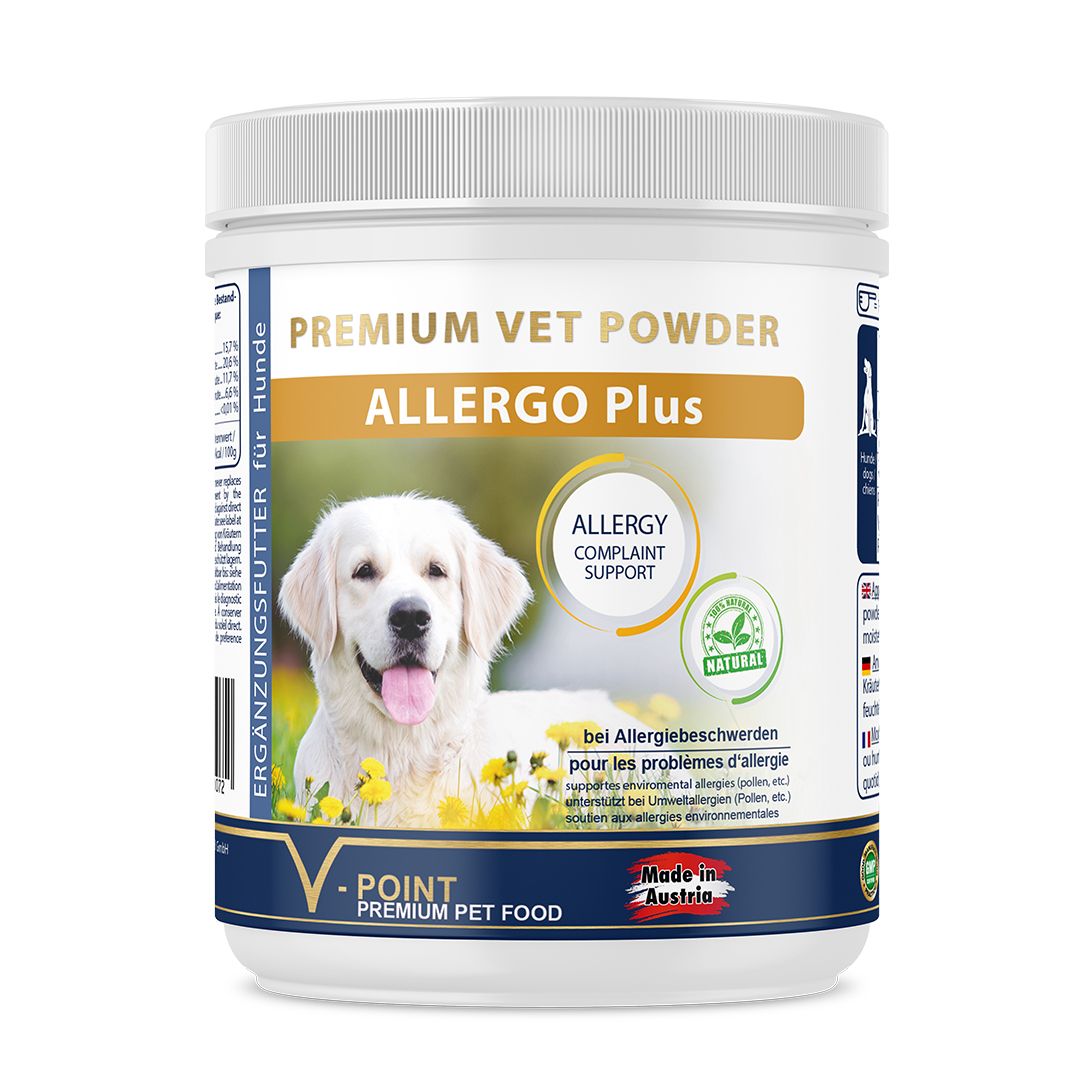 Weißes Behältnis mit Aufschrift ALLERGO Plus und Hundefoto. Grün-weißes Logo: 100 % pflanzlich. V-POINT Premium Pet Food.
