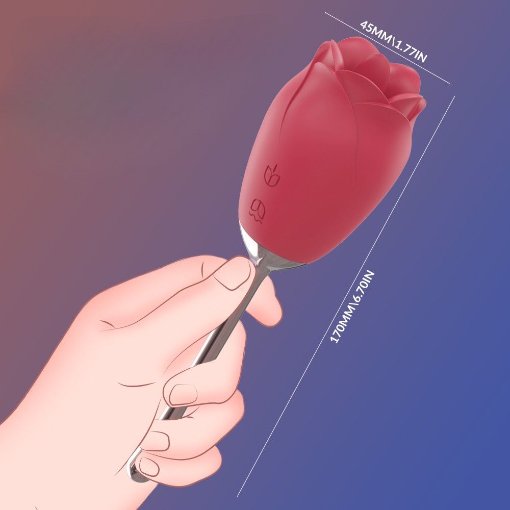 Roter Vibrator in Rosenform, gehalten in einer Hand. Maße: 45mm x 170mm.