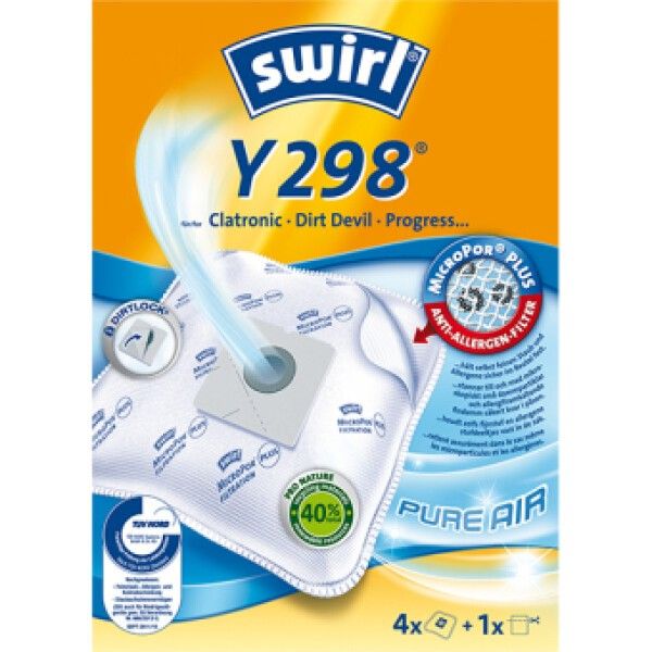 Verpackung mit Staubsaugerbeuteln. Aufschrift: Swirl Y298, MicroPor Plus Anti-Allergen-Filter, Pure Air. Enthält 4+1 Beutel.