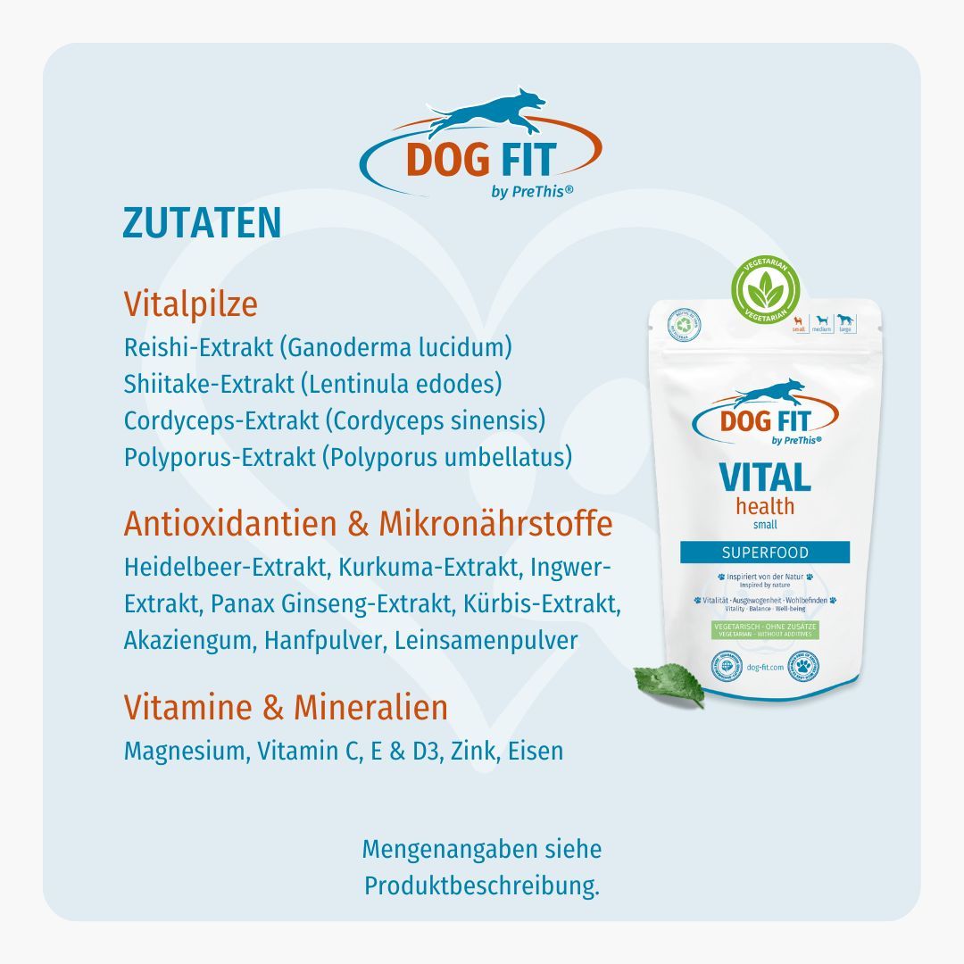 Werbung für DOG FIT by PreThis® VITAL health. Zutatenliste: Vitalpilze, Antioxidantien, Vitamine & Mineralien. Beutel abgebildet.