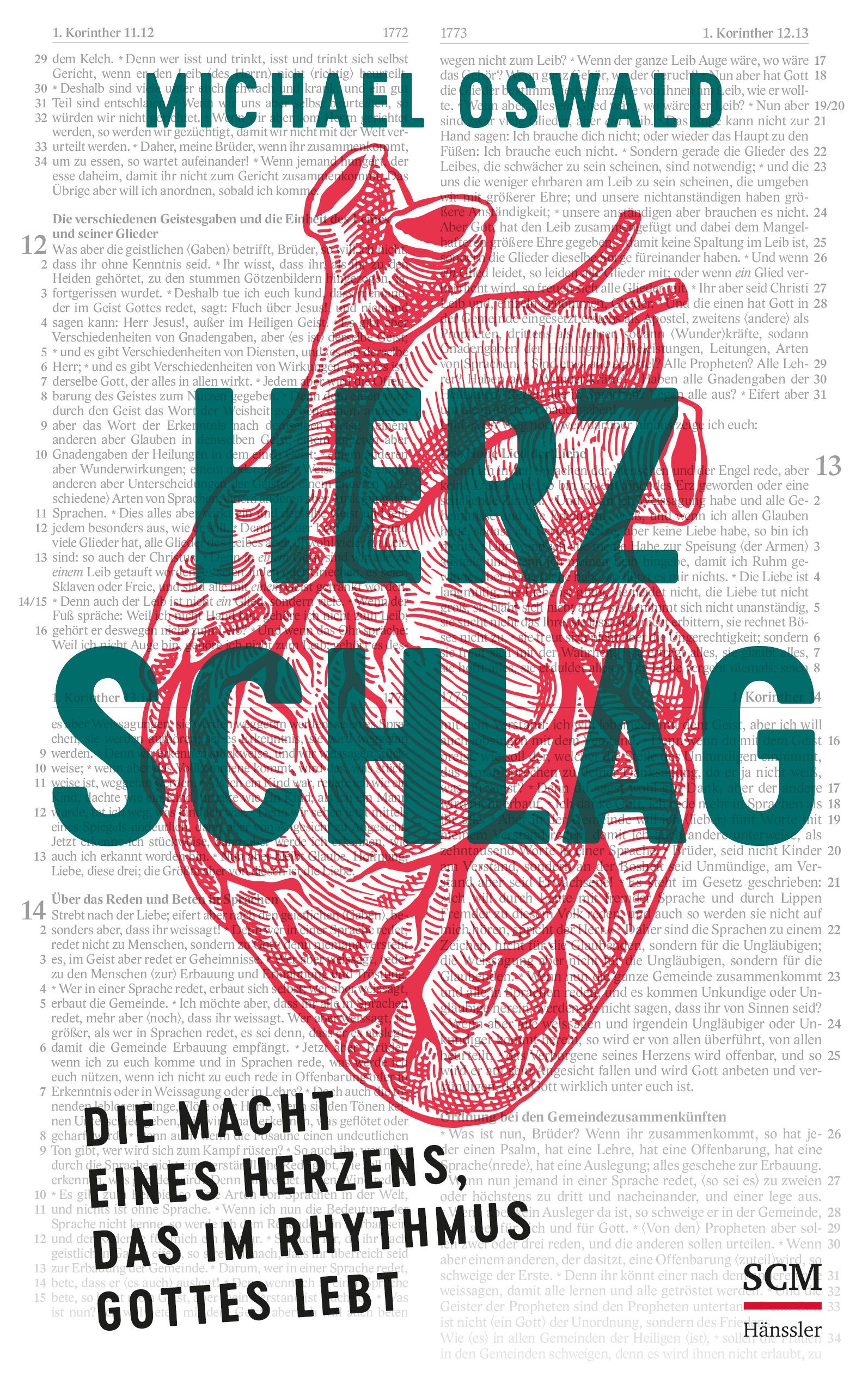 Buchcover mit rotem Herz, Titel HERZSCHLAG. Autor Michael Oswald. Hintergrund: Text. Verlag SCM Hänssler.