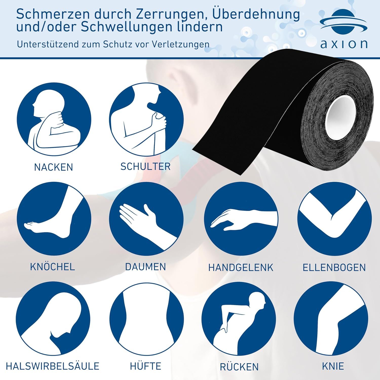Illustrationen von Körperteilen mit Kinesiologie-Tape. Text: Schmerzen lindern. Logo axion®.