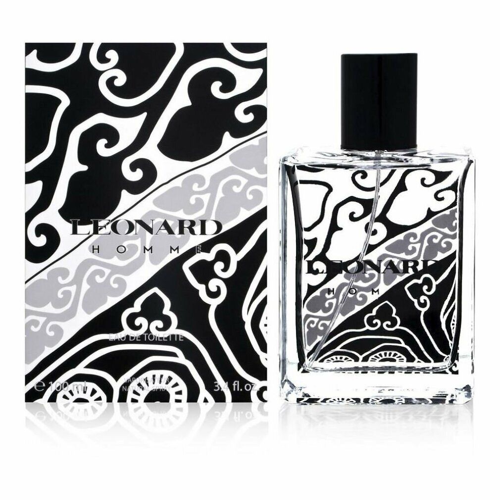 Flakon und Verpackung von Leonard Homme Eau de Toilette. Schwarzes und graues Muster. Schwarzer Verschluss. Aufschrift: Eau de Toilette.