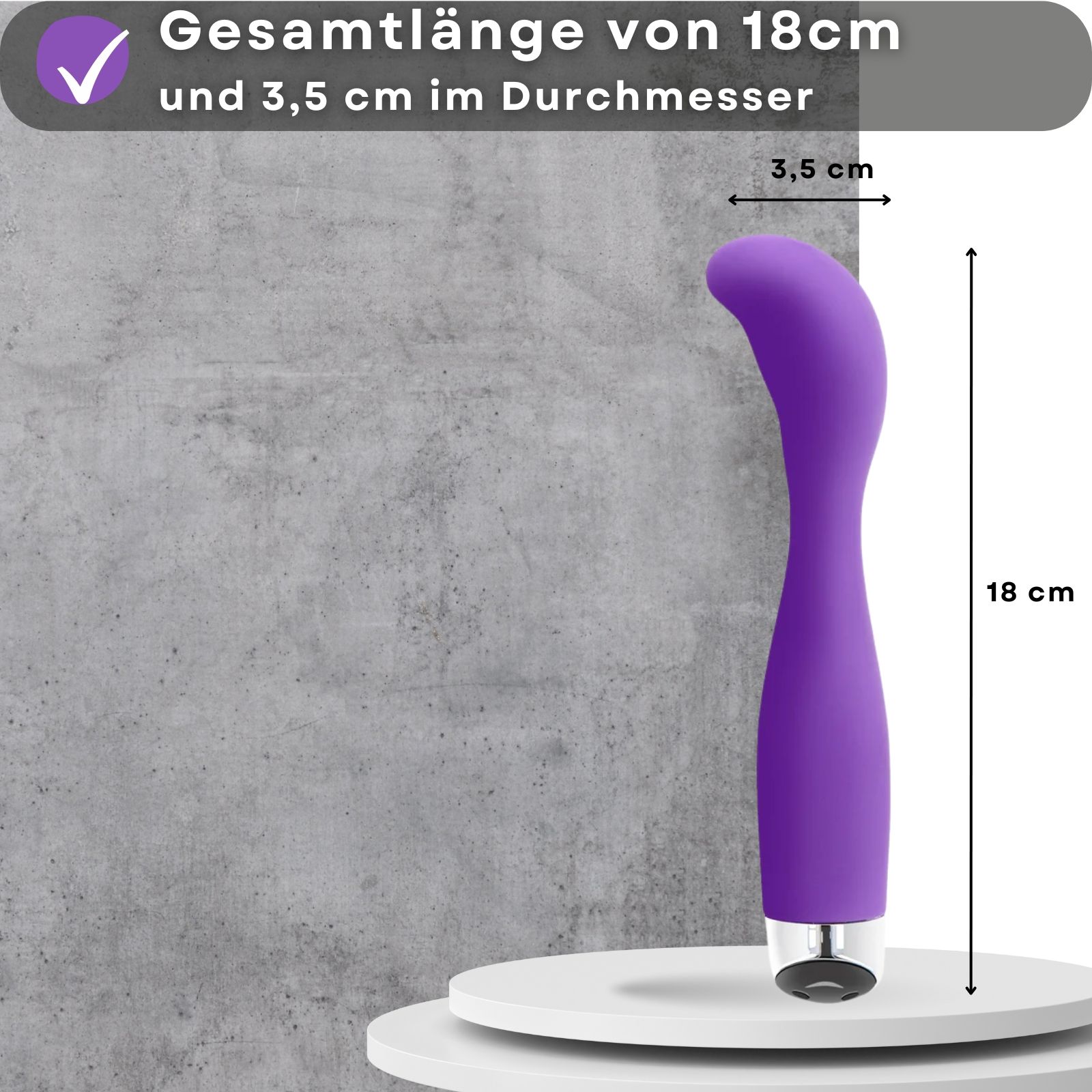 Lila Vibrator. Silikon, gebogen Form. Text: 18cm lang, 3,5cm Durchmesser.