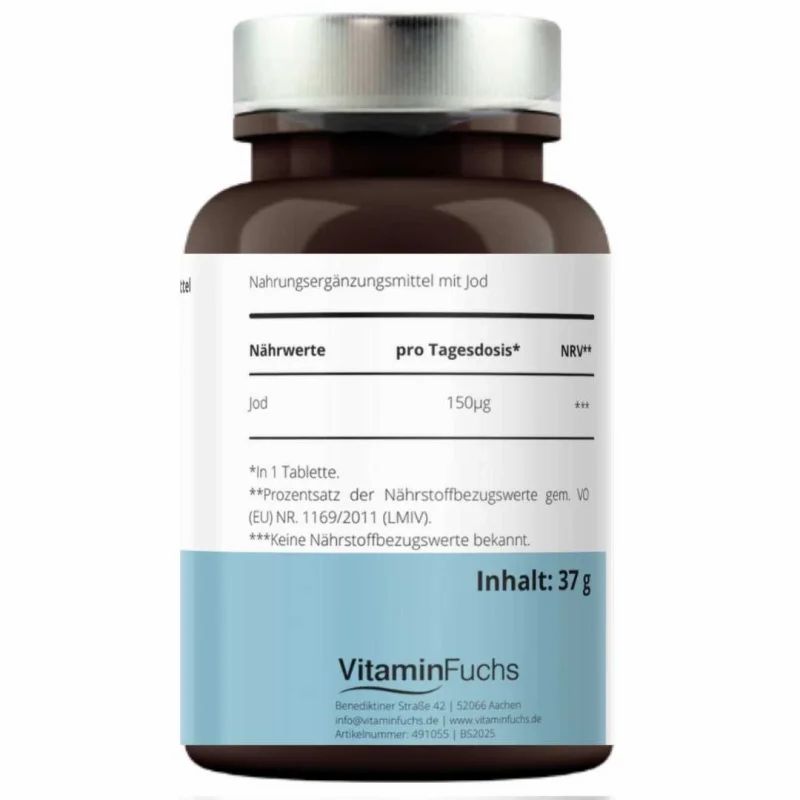 Rückseite einer braunen Flasche mit Nährwertangaben. Enthält 37g. Marke VitaminFuchs.