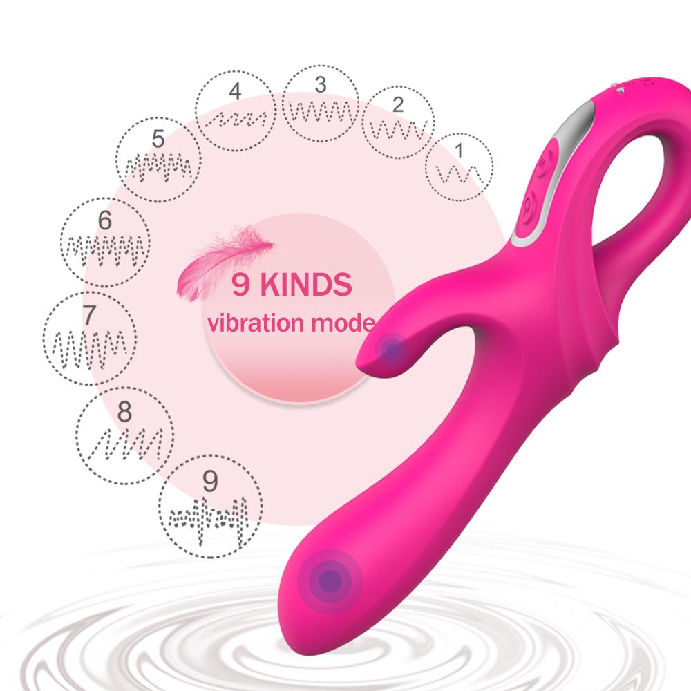 Rosa Vibrator mit 9 Vibrationsmodi. Diagramm mit Wellenmustern. Text: 9 KINDS vibration mode.