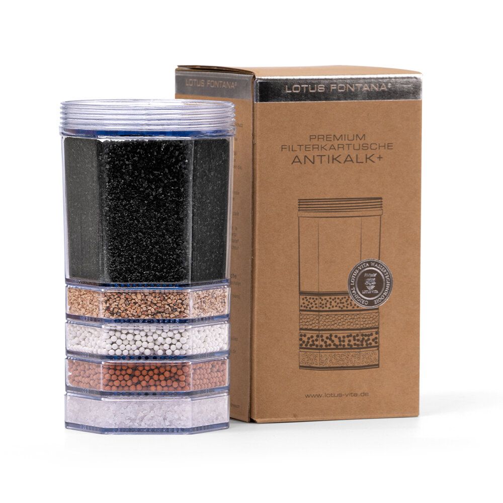 Filterkartusche mit Verpackung. Kartusche transparent, mit Filtermaterialien. Verpackung braun, mit Produktnamen und Text.