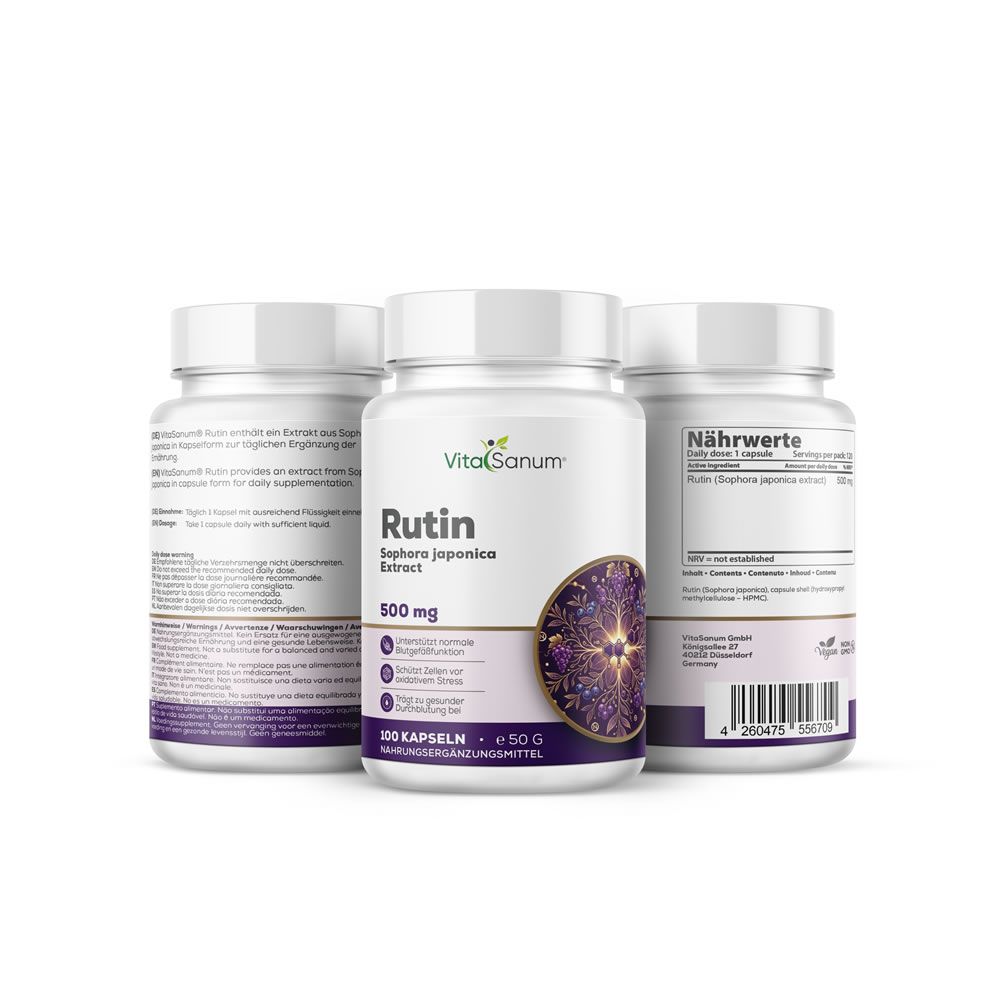 Drei weiße Flaschen VitaSanum Rutin. Aufschrift: Rutin, Sophora japonica Extract, 500 mg. Lila-goldenes Design.