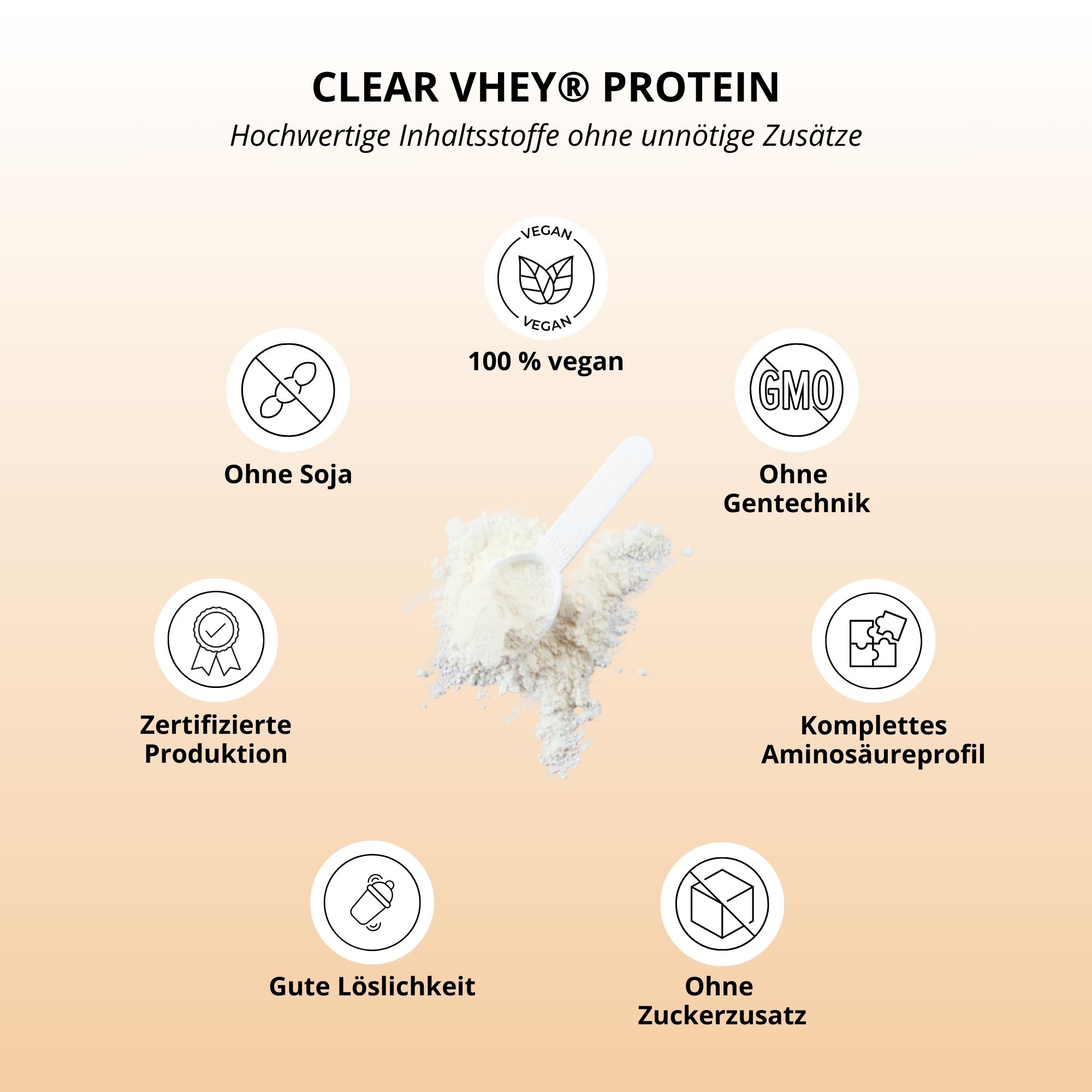 Kreisförmige Anordnung von Symbolen. Text: Ohne Soja, Vegan, Ohne Gentechnik, Zertifizierte Produktion, Gute Löslichkeit, Ohne Zuckerzusatz.