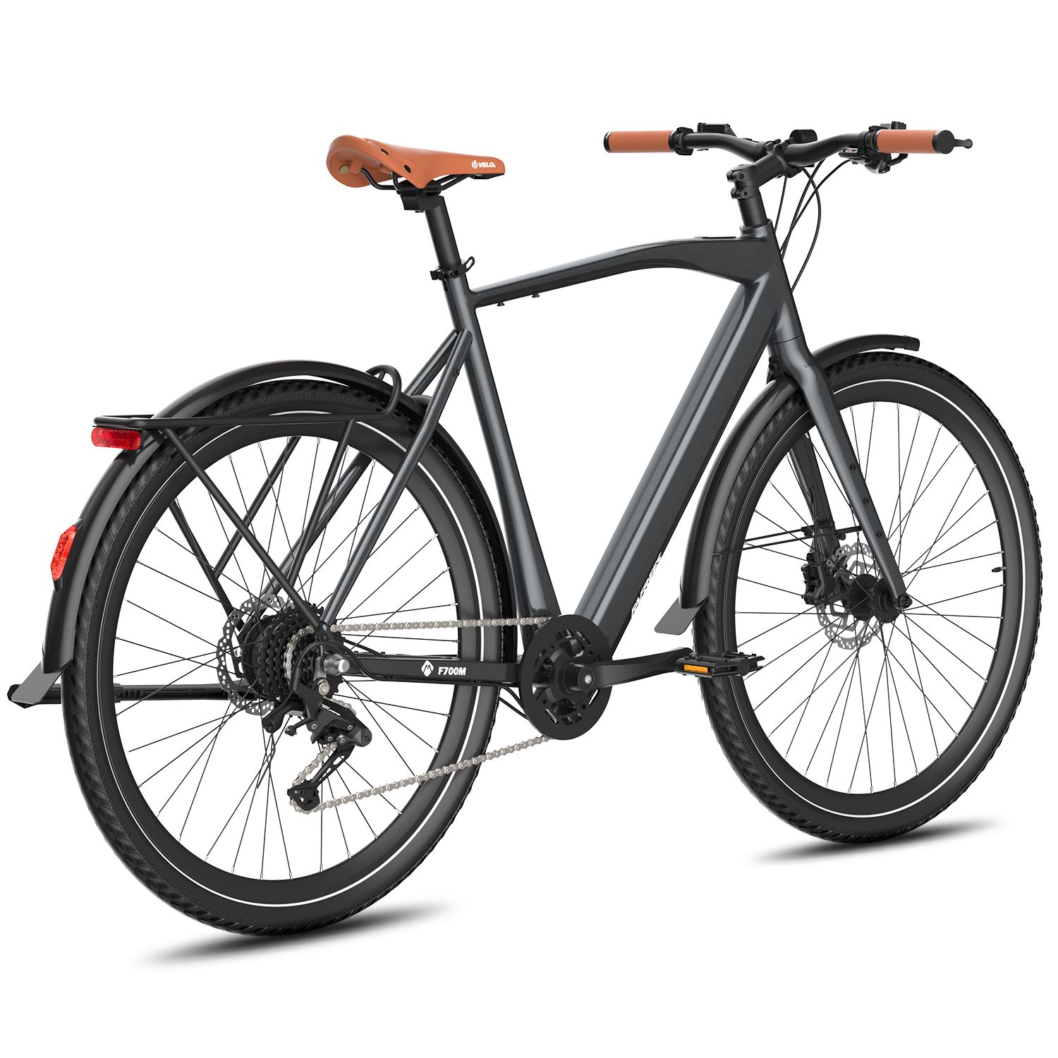 Graues E-Bike mit braunem Sattel und orangefarbenen Griffen. Schwarze Reifen, Schutzbleche. FAFREES-Logo.