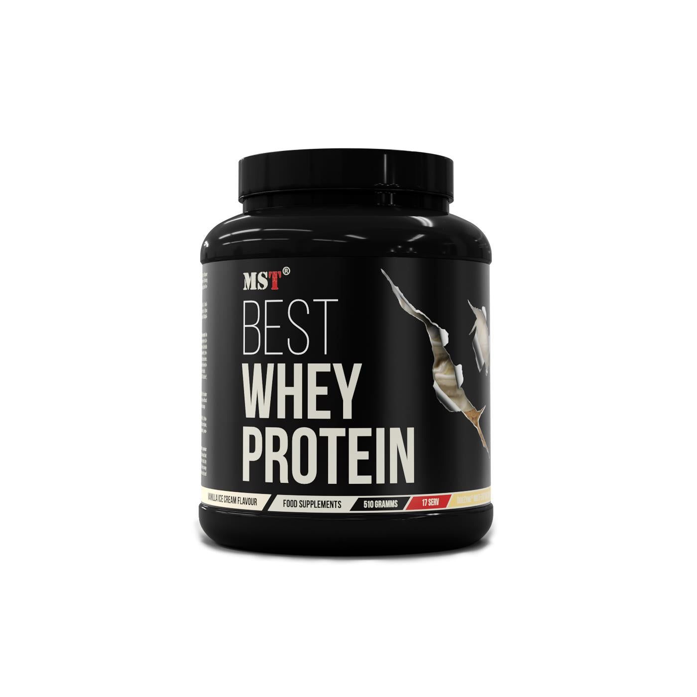 Schwarze Dose MST Best Whey Protein. Aufschrift: BEST WHEY PROTEIN. 500 Gramm. Nahrungsergänzungsmittel.
